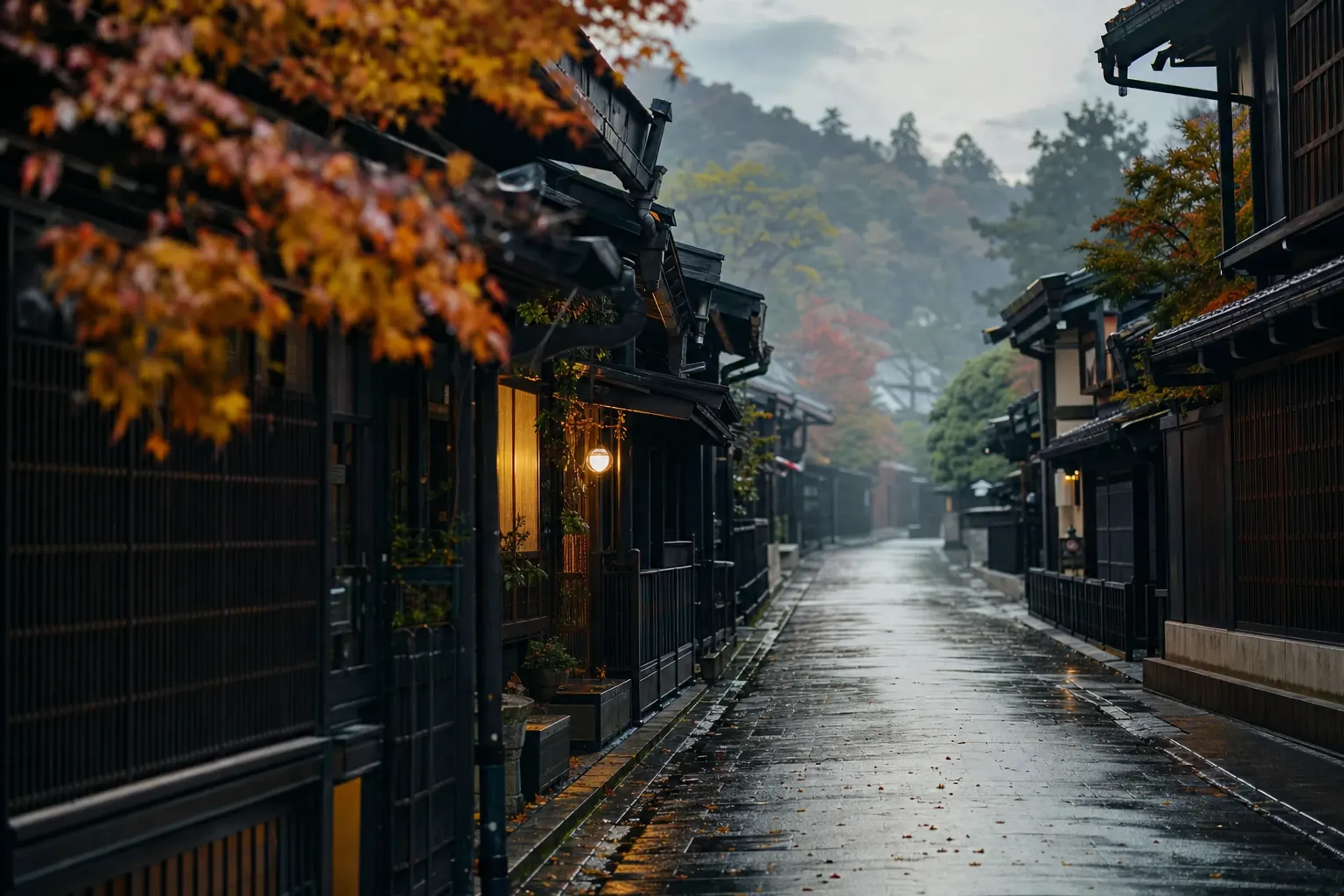 the dark-wood machiya facades with latticed windows and deep eaves lining Sanmachi Suji at dawn in Takayama