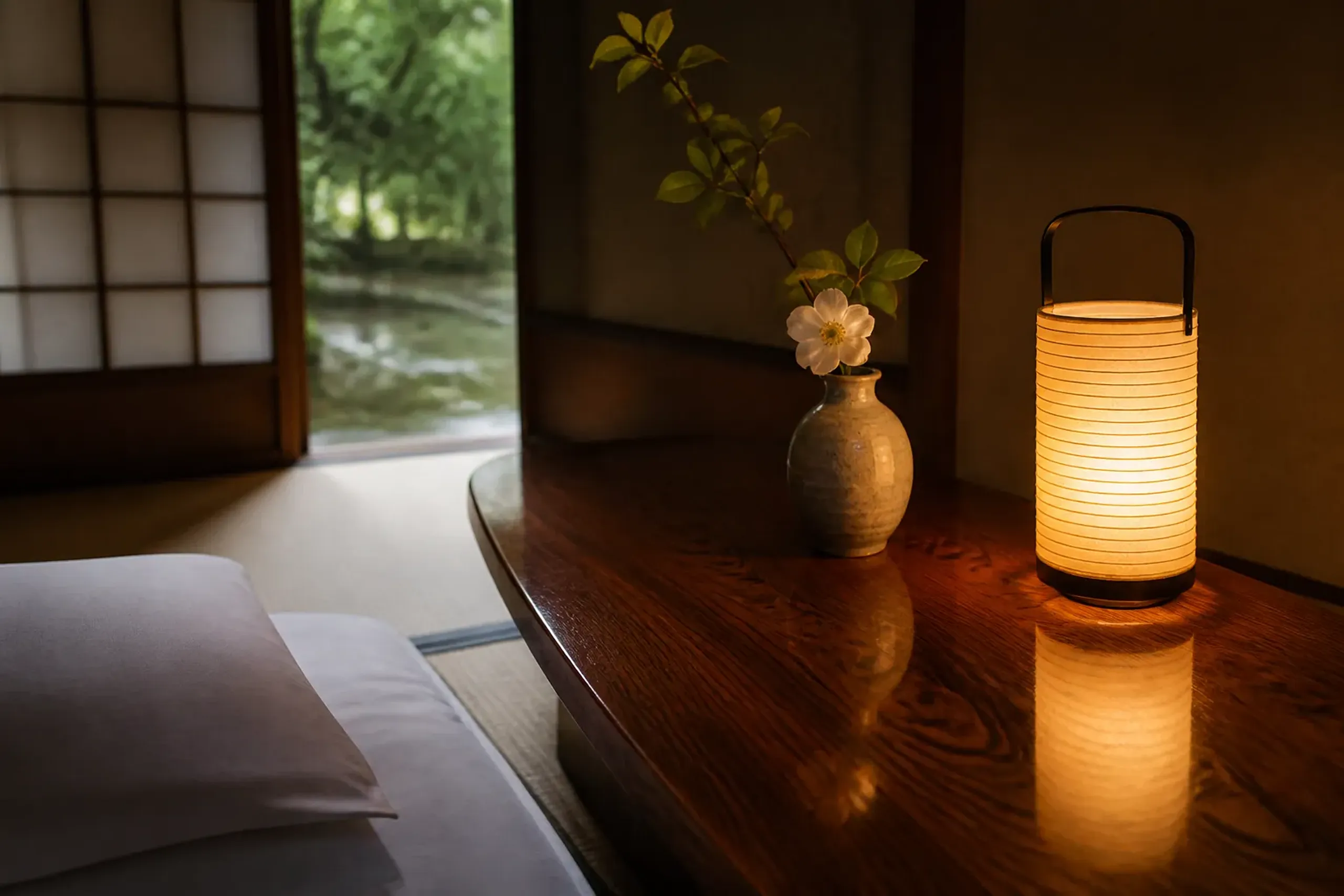 Ryokan interior still life with soft lighting, bedding detail, and simple flower arrangement
