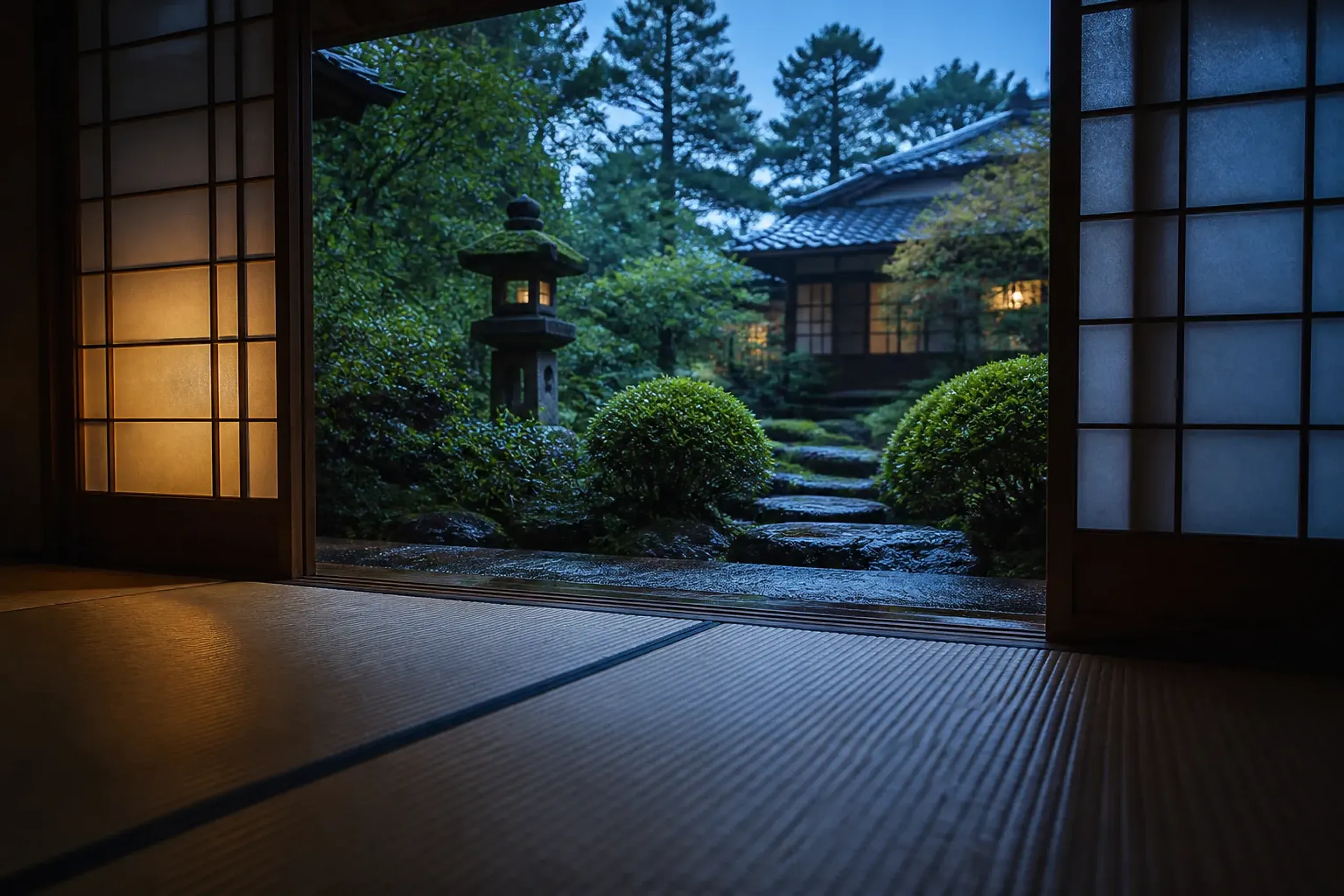 Tatami room view looking onto a mossy Kyoto garden with stones and shrubs