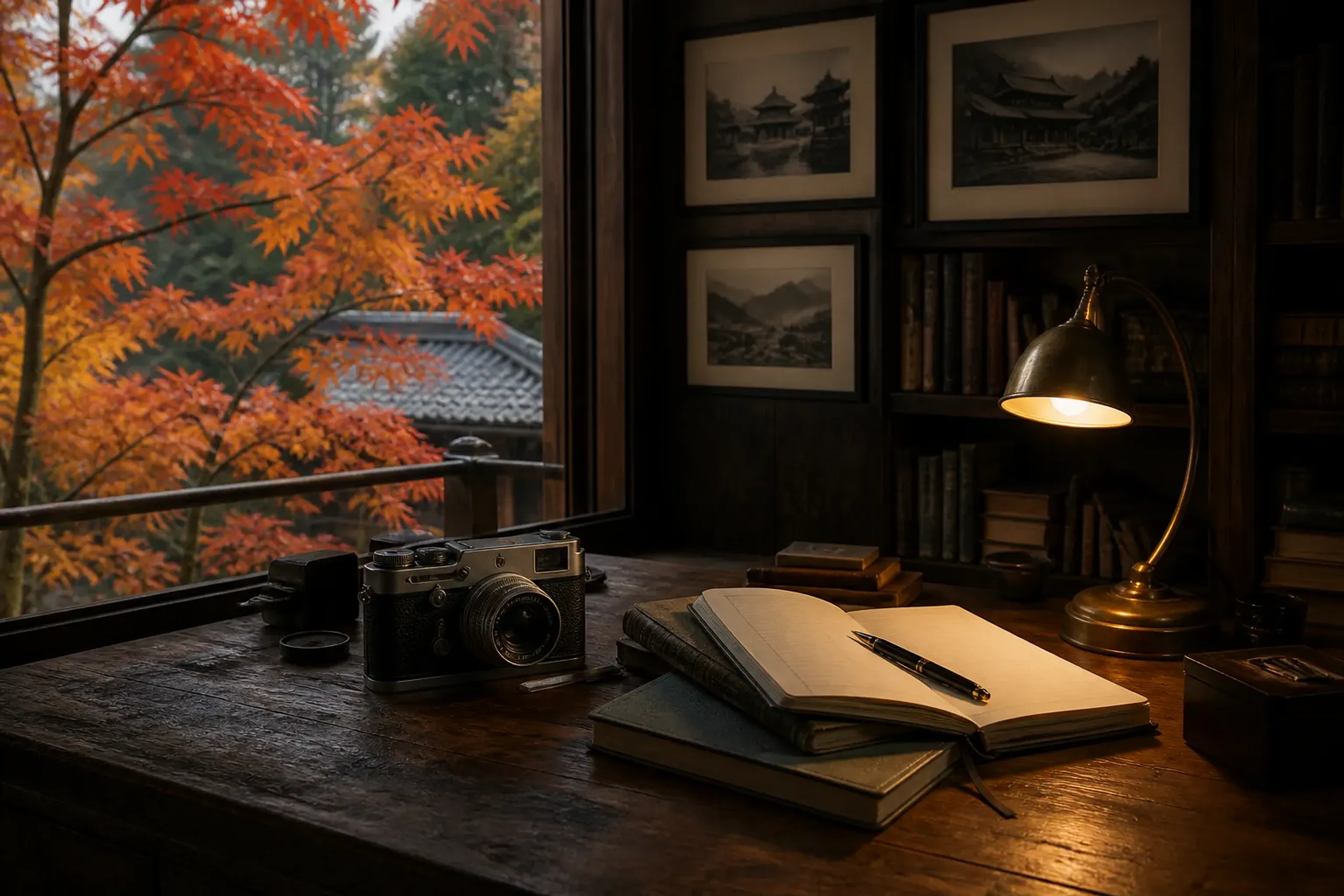 Study room with desk, bookshelves, and photography-related objects in warm light