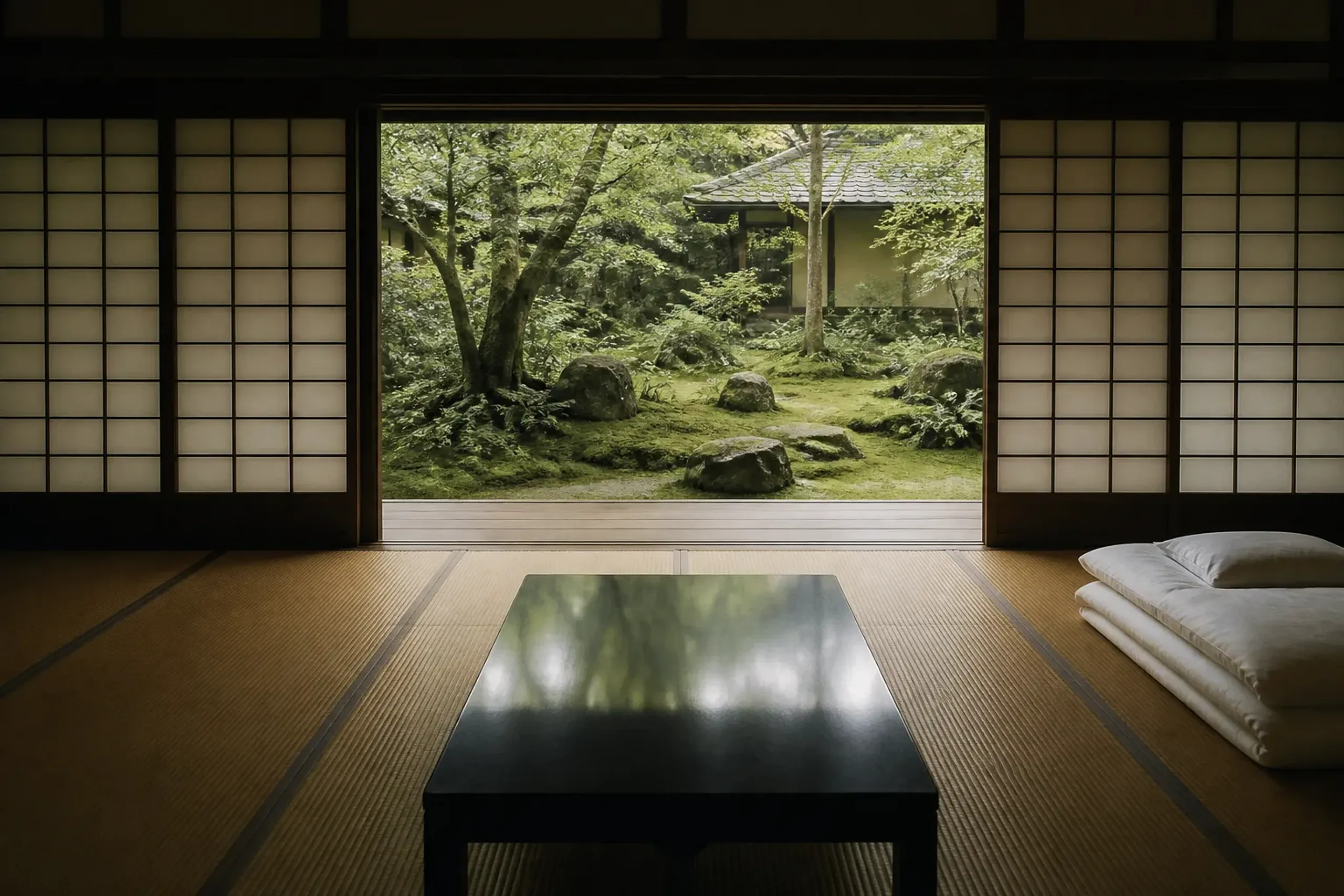 a tatami guest room at Tawaraya facing its interior moss-and-stone garden, with folded futon bedding and a low lacquered table catching soft morning light