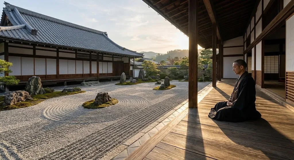 A person sits in meditation on a wooden temple porch overlooking a traditional Japanese rock garden with raked sand and stones in Kyoto.