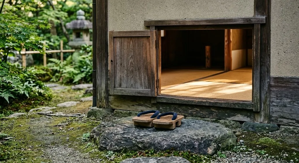 A small, square wooden crawl-in entrance known as a nijiri-guchi on a traditional tea house, with wooden clogs placed neatly on a stone step outside the door.