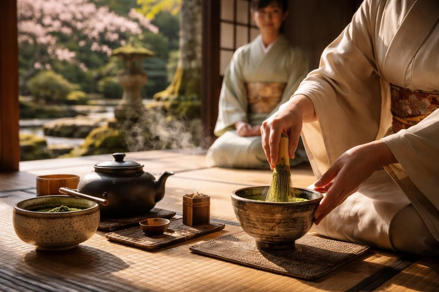 Matcha being whisked during a private tea ceremony in a Kyoto tea room, a garden beyond