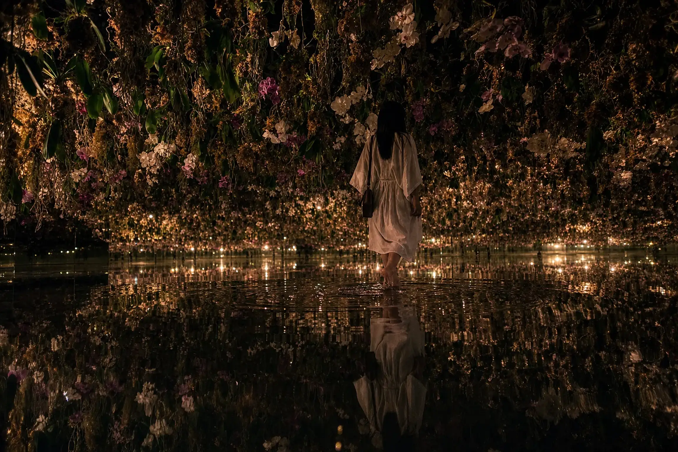 The wading room at teamLab Planets in Toyosu, water rising around visitors' shins with a garden of living plants suspended overhead