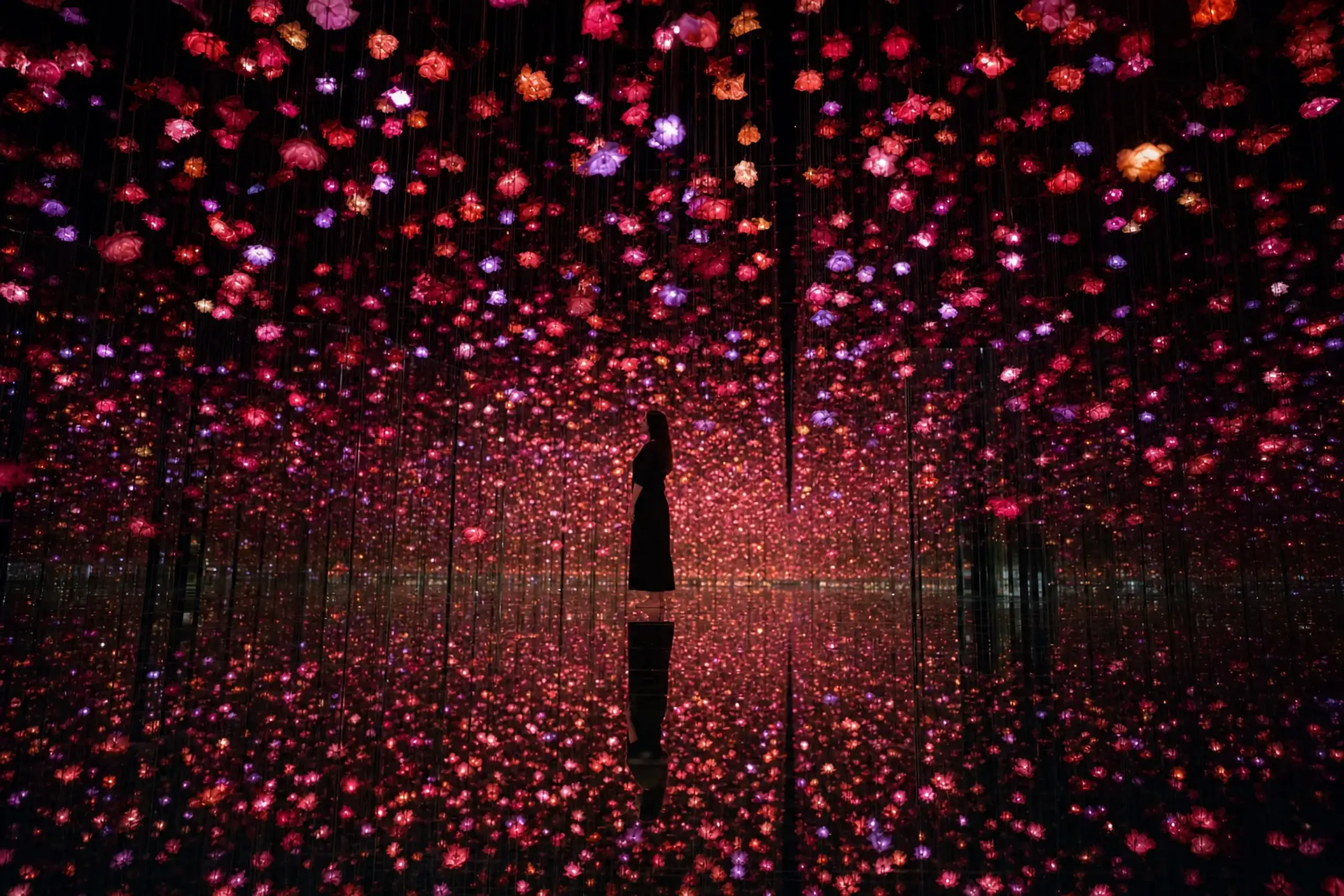 Reflective mirrored floors of a teamLab water room showing suspended illuminated flowers overhead