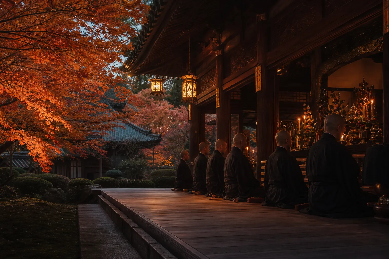 Shingon Buddhist monks performing morning chanting in a Koyasan temple hall