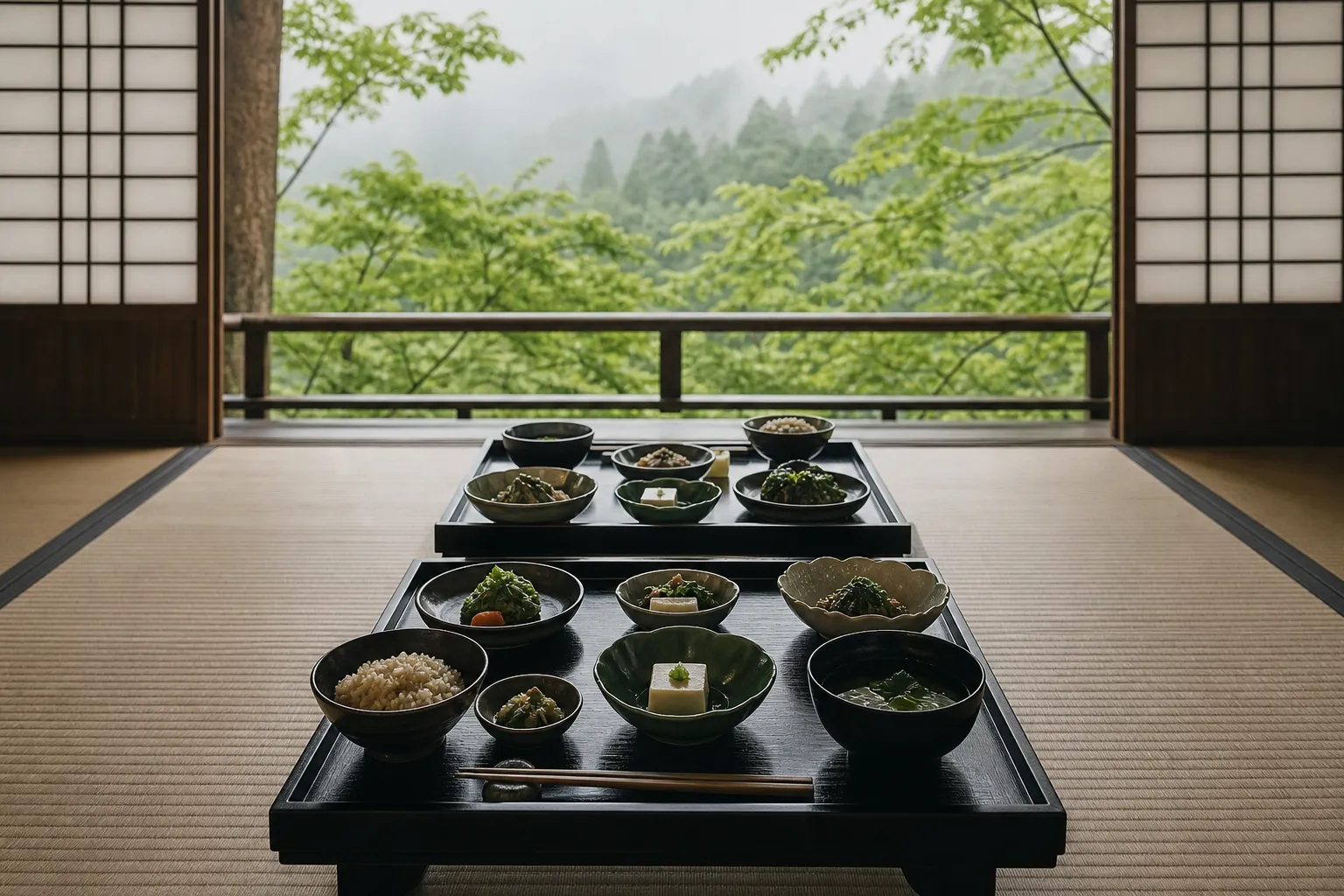 Shojin ryori vegetarian temple meal on lacquered trays at a Koyasan shukubo