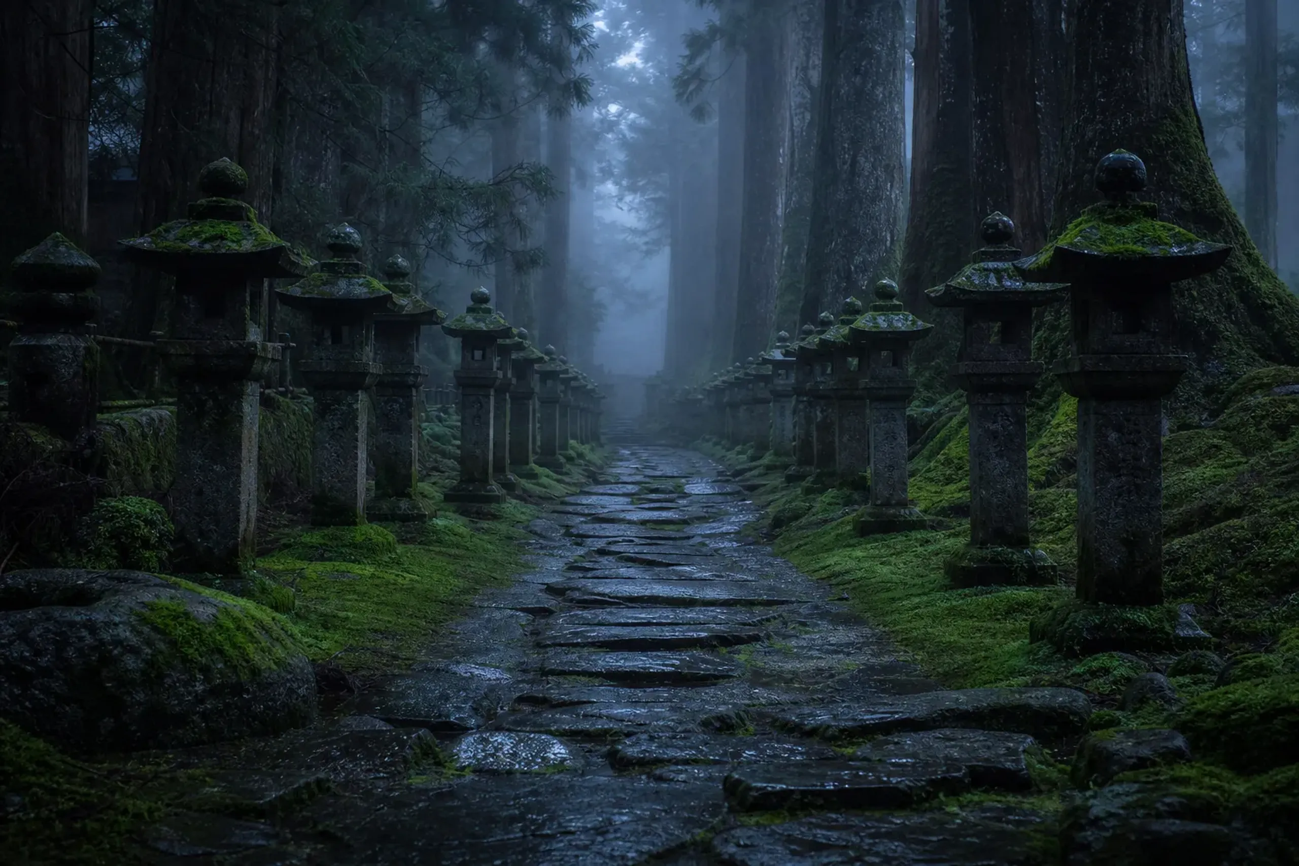 Misty stone-lantern path through Okunoin cemetery on Koyasan at dawn