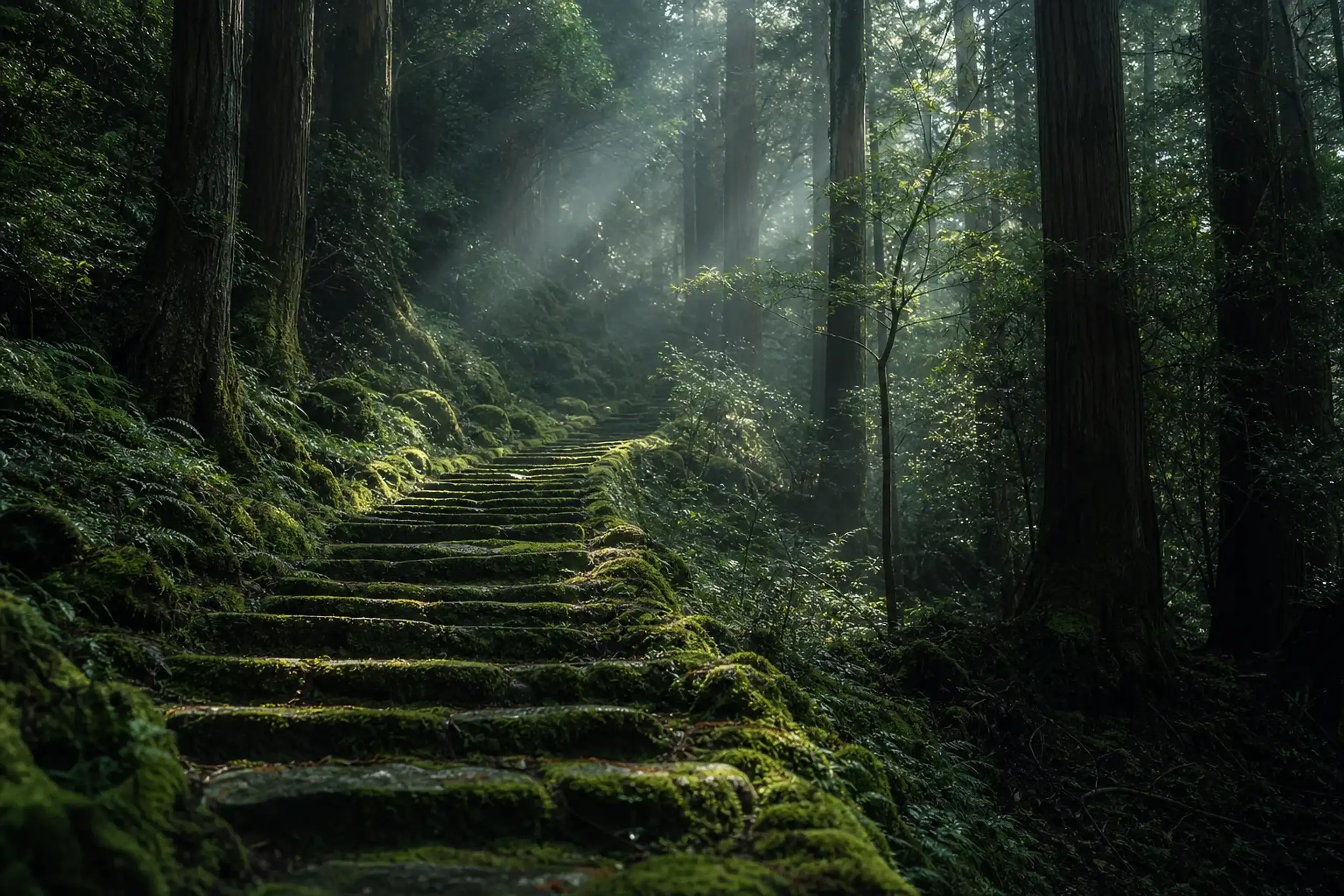 Mossy stone pilgrimage steps through cedar forest in the Kii mountain range