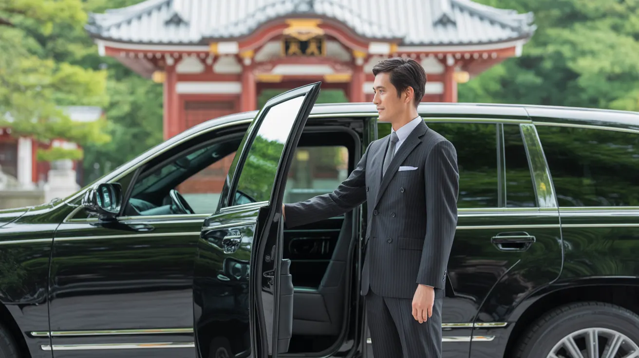 Ultimate Expression, Sophisticated Travel, professional chauffeur, English-speaking, immaculate suit, standing beside luxury SUV, respectfully opening door, Japanese temple gate background, five-star service, welcoming gesture