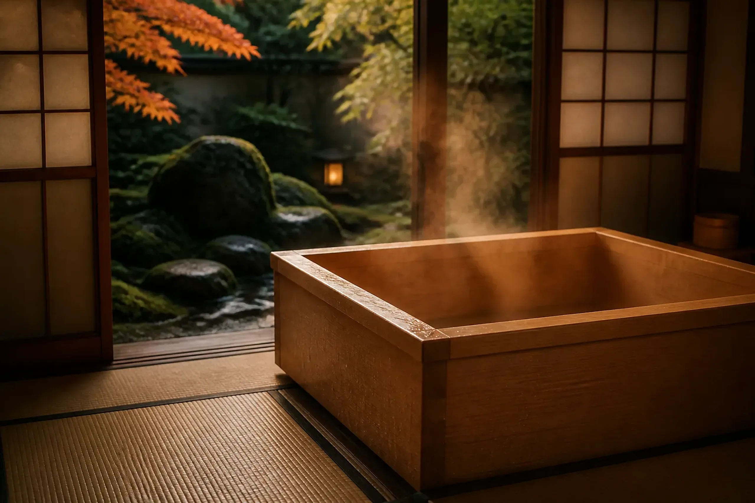 Private cypress bath in a traditional ryokan room with tatami, shoji screens and garden view