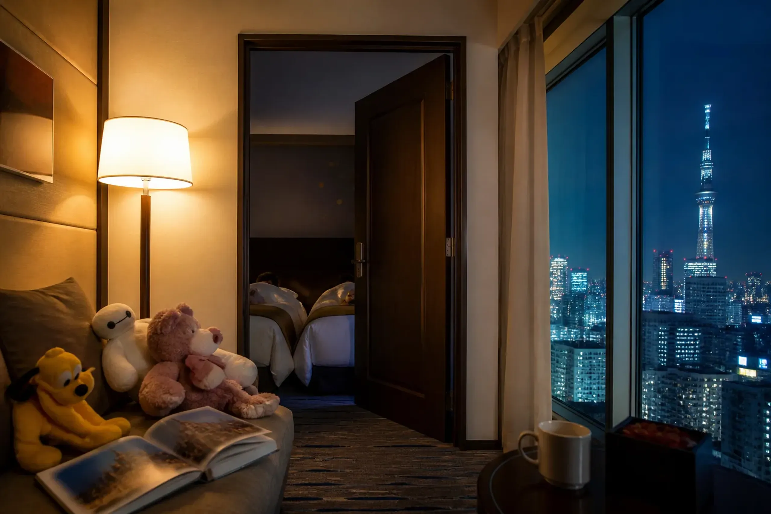 Spacious two-bedroom Tokyo hotel suite with skyline view and separate bedroom door