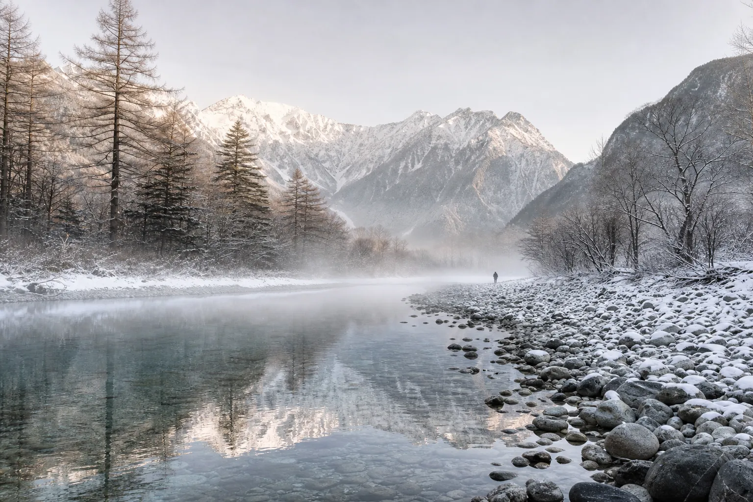 Early morning fog over the Azusa River in Kamikochi with the Northern Japan Alps in the background