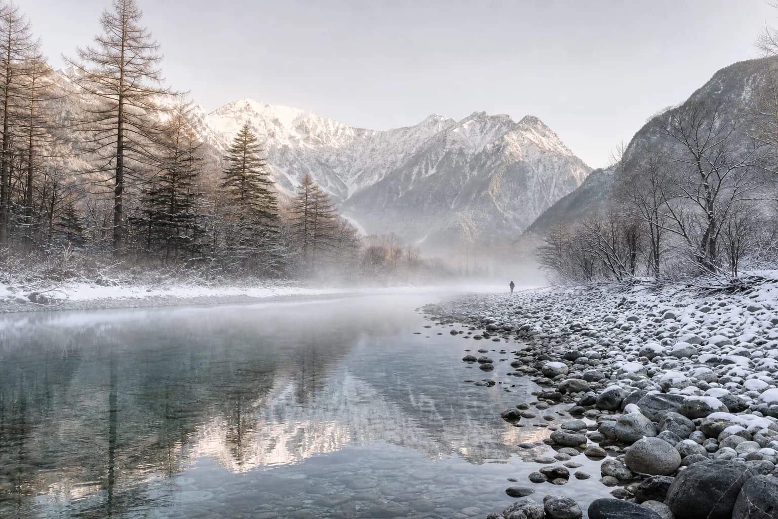 Early morning fog over the Azusa River in Kamikochi with the Northern Japan Alps in the background