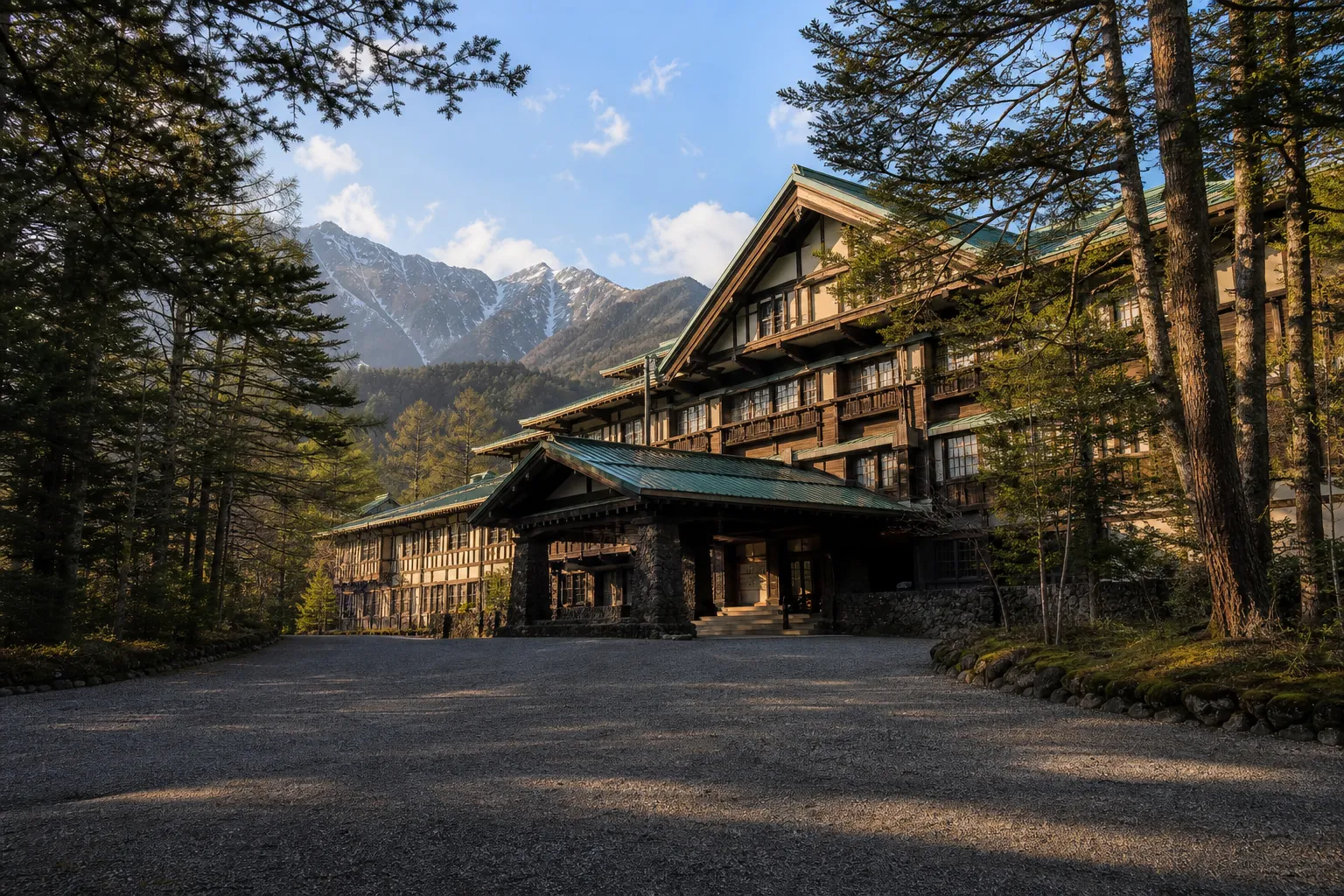 Kamikochi Imperial Hotel exterior building among trees in Kamikochi