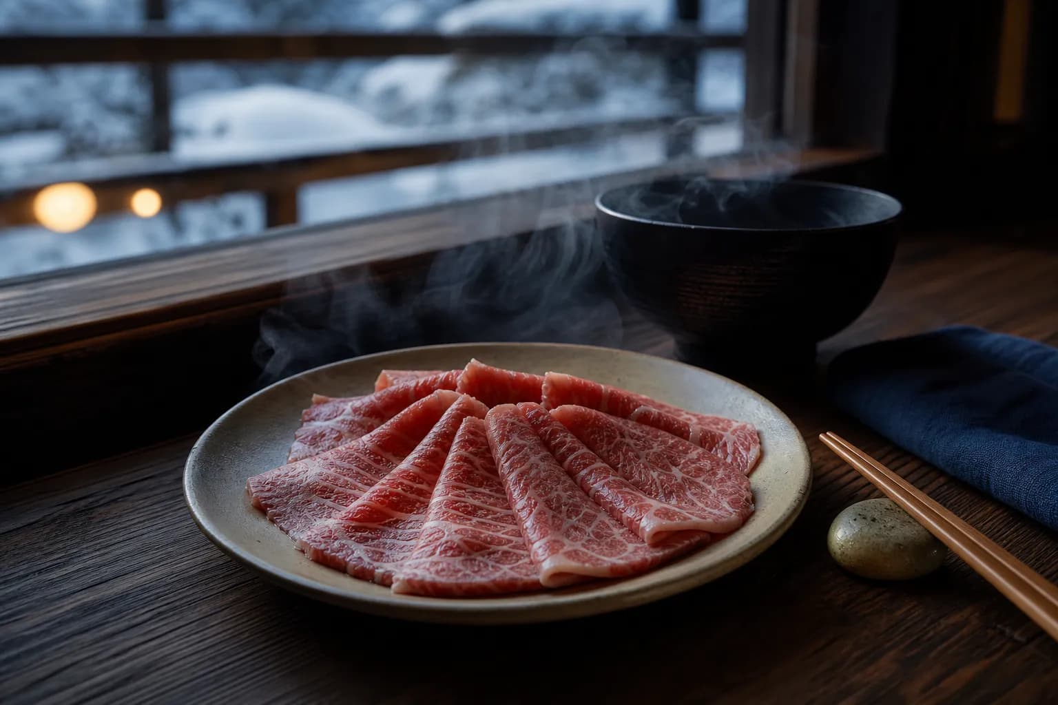 Japanese dinner featuring Shinshu beef served on a ceramic plate with simple side dishes
