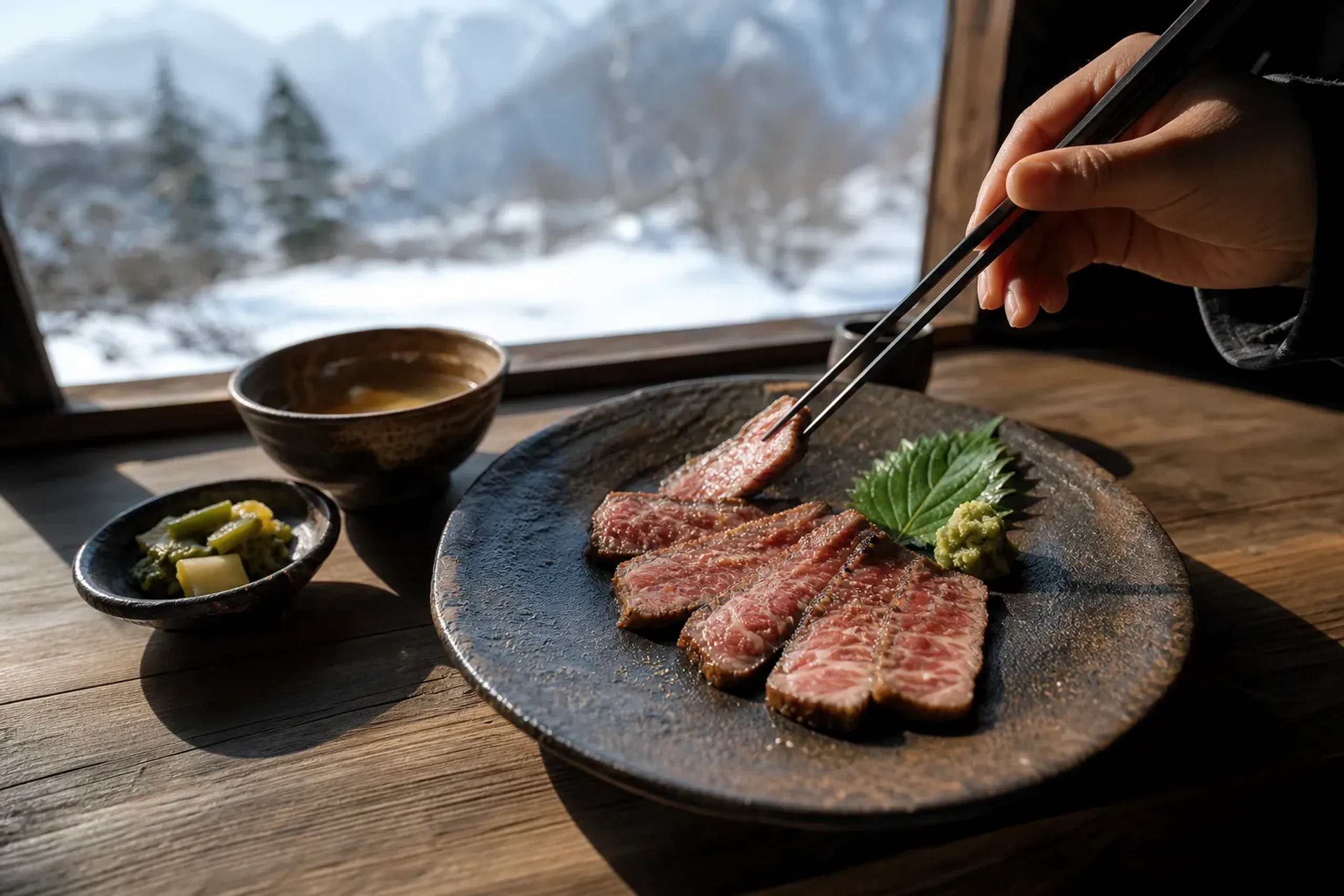 Japanese dinner featuring Shinshu beef served on a ceramic plate with simple side dishes