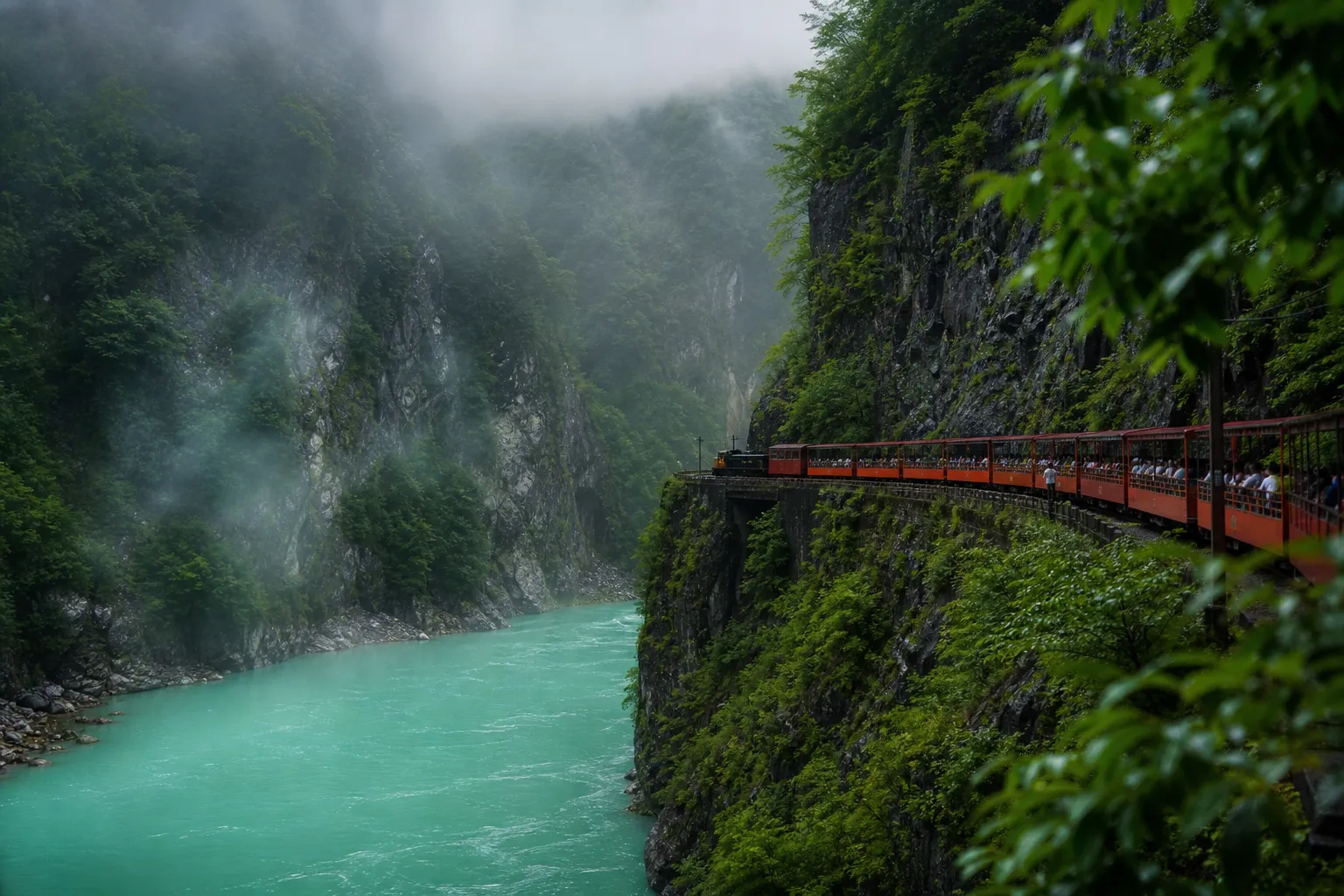 The Kurobe Gorge Railway open-air trolley train winding along the cliffside tracks above the turquoise Kurobe River near Unazuki, Toyama Prefecture