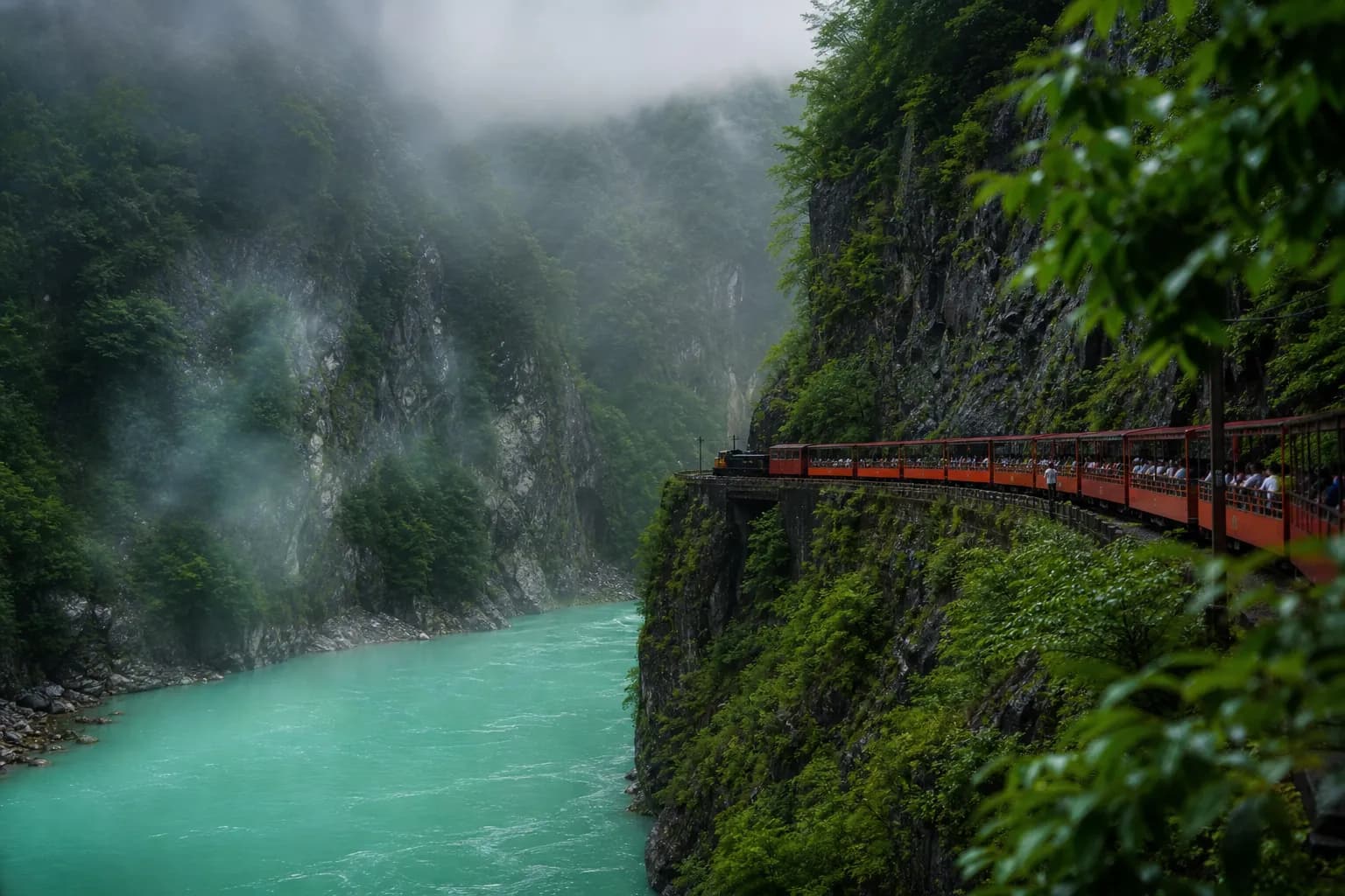 The Kurobe Gorge Railway open-air trolley train winding along the cliffside tracks above the turquoise Kurobe River near Unazuki, Toyama Prefecture