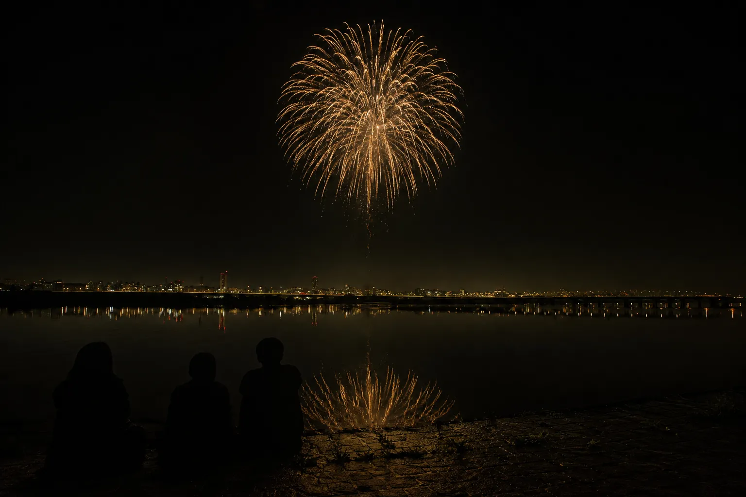 Japanese fireworks bursting above a river at night with silhouetted spectators