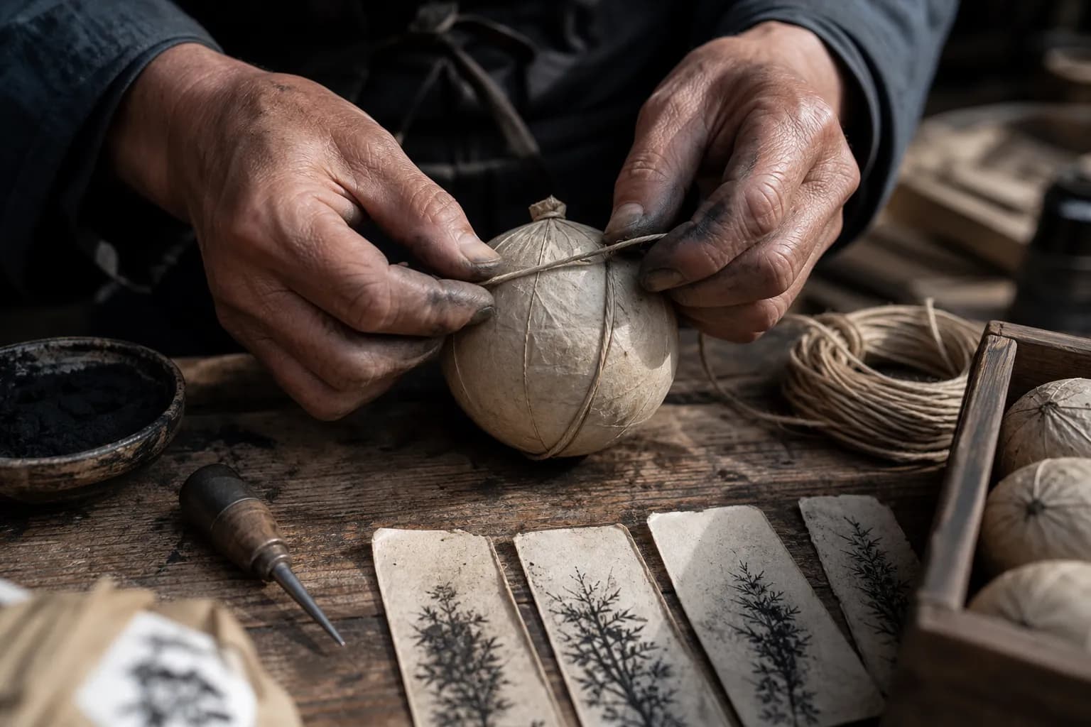 Hands of a pyrotechnician preparing fireworks shells on a wooden workbench