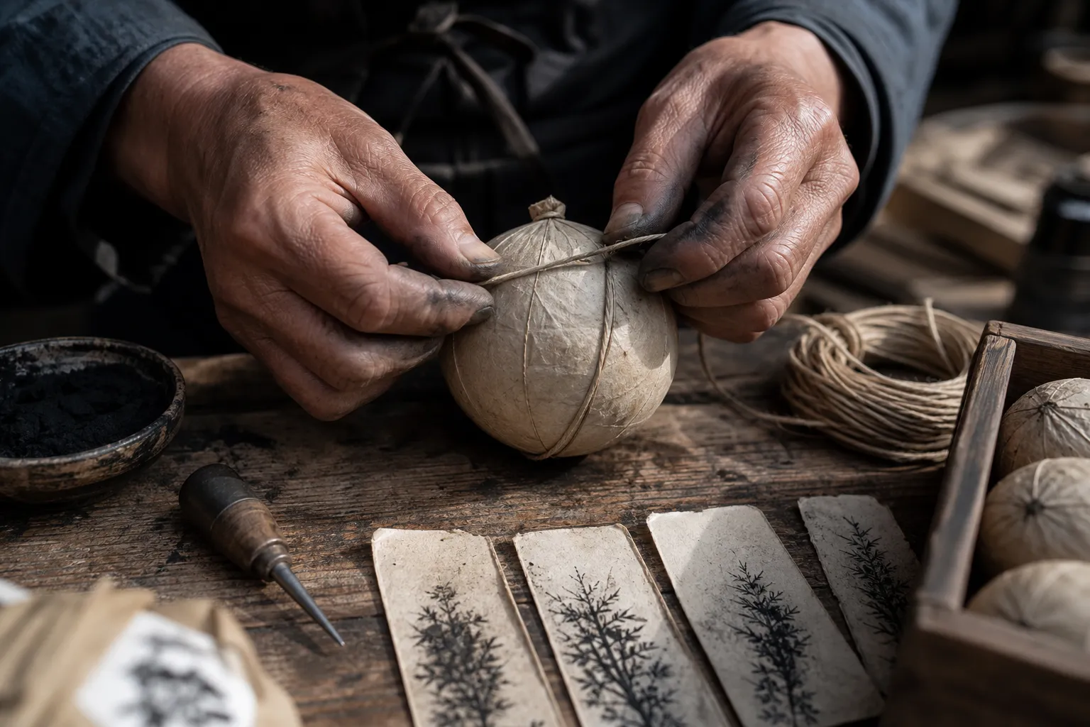 Hands of a pyrotechnician preparing fireworks shells on a wooden workbench