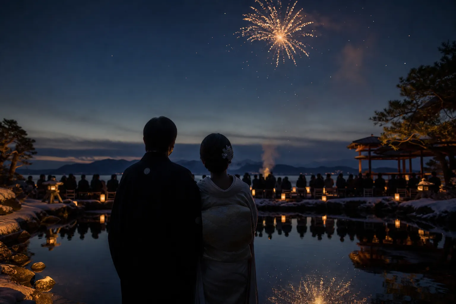 Couple watching fireworks above a waterfront reception at night