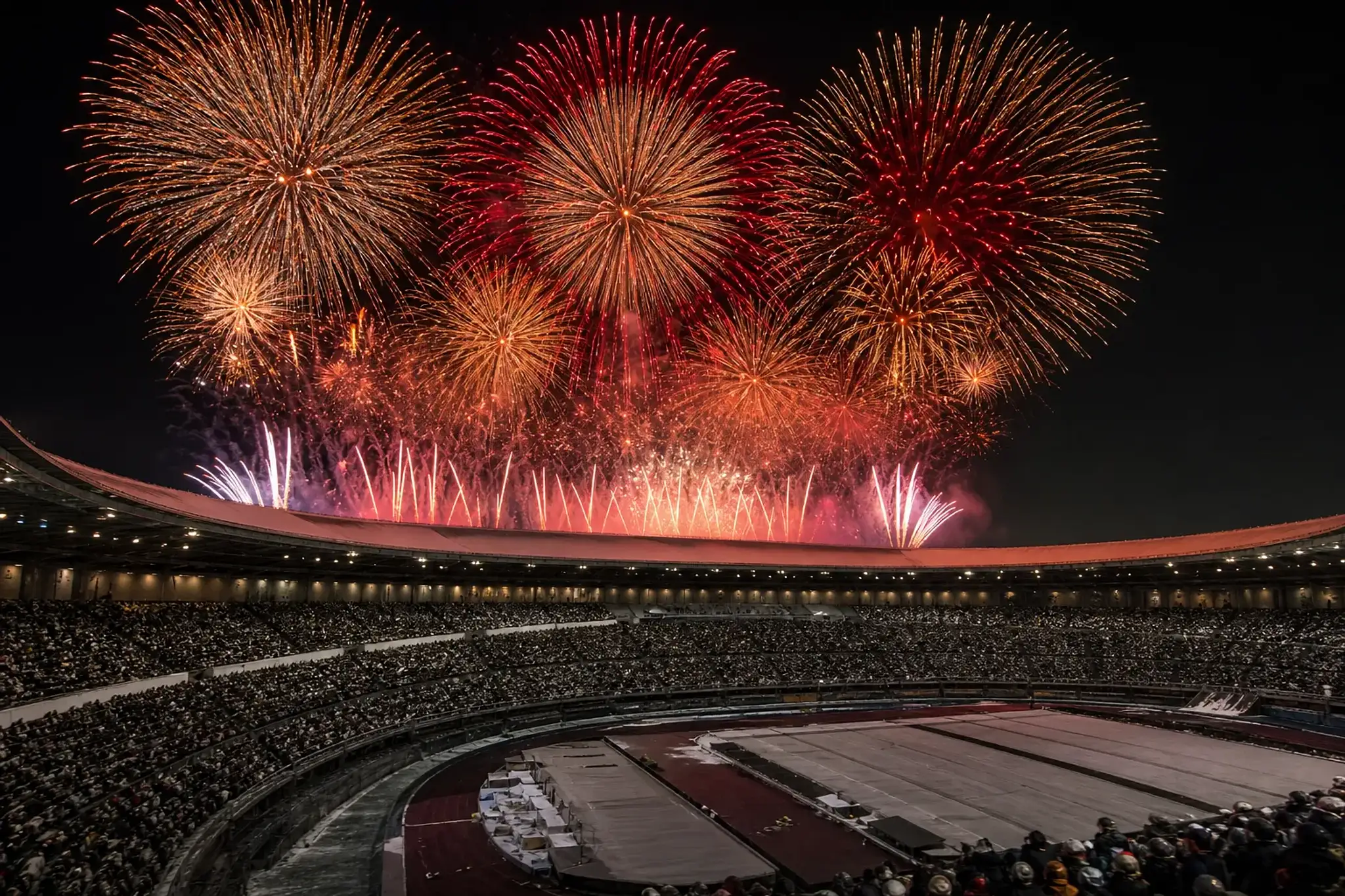 Large-scale fireworks display above a stadium-like venue at night