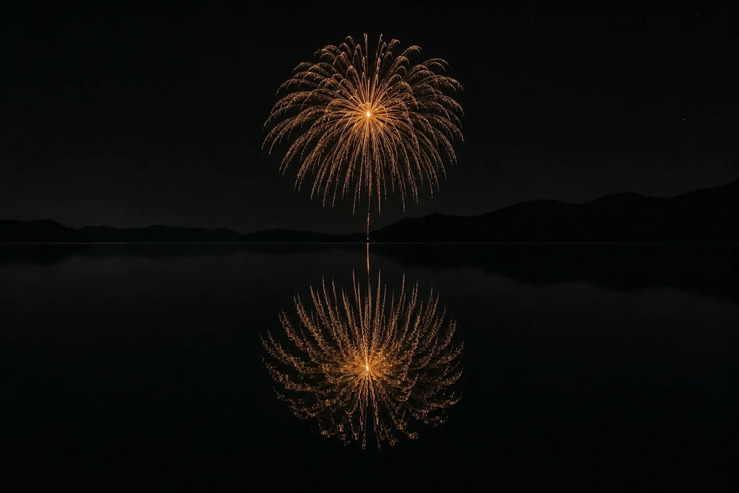 A single golden hanabi shell bursting in slow chains of light above a dark, still Hokkaido lake, its glowing reflection stretching across the calm water far from any crowd