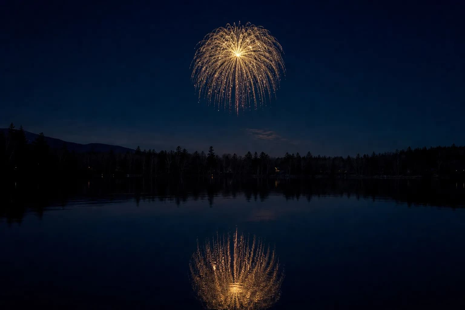 A single golden hanabi shell bursting in slow chains of light above a dark, still Hokkaido lake, its glowing reflection stretching across the calm water far from any crowd