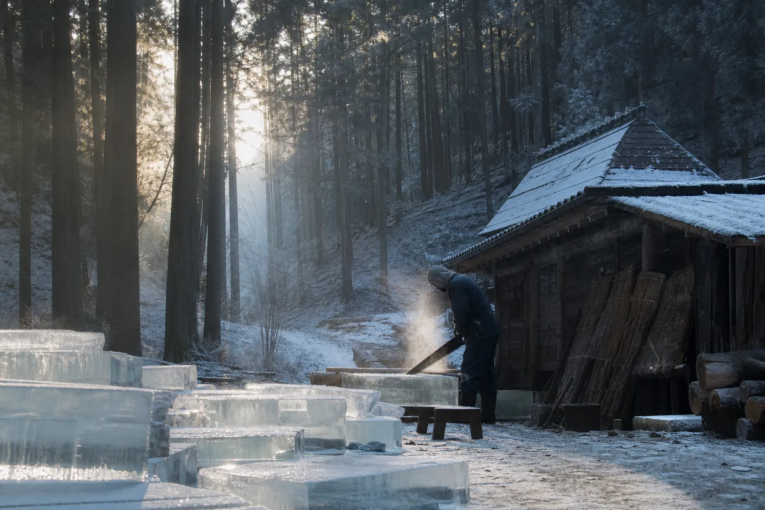 Clear natural winter ice blocks at an outdoor ice house in the Nikko mountains