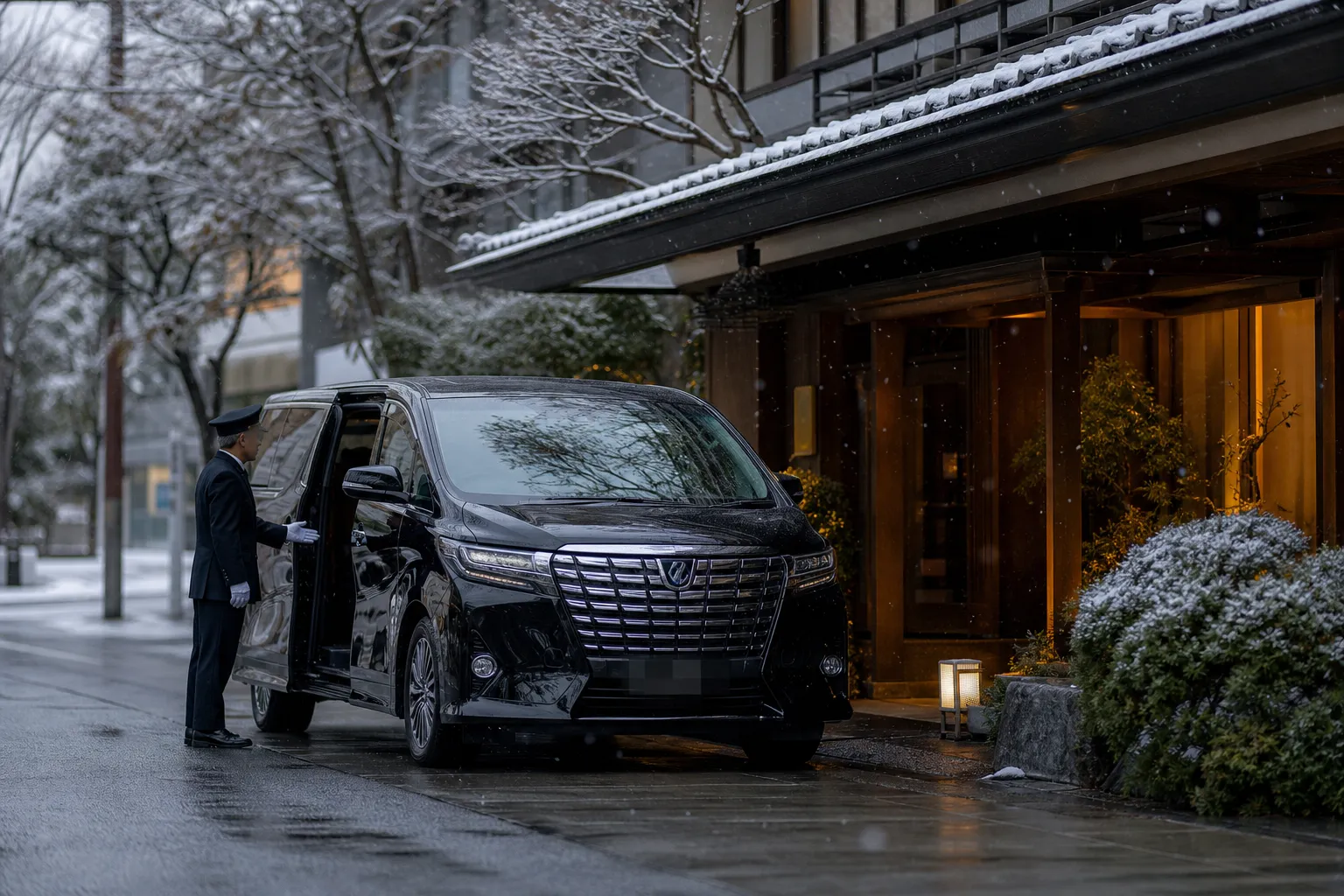Luxury black minivan with chauffeur parked on a quiet upscale Tokyo street