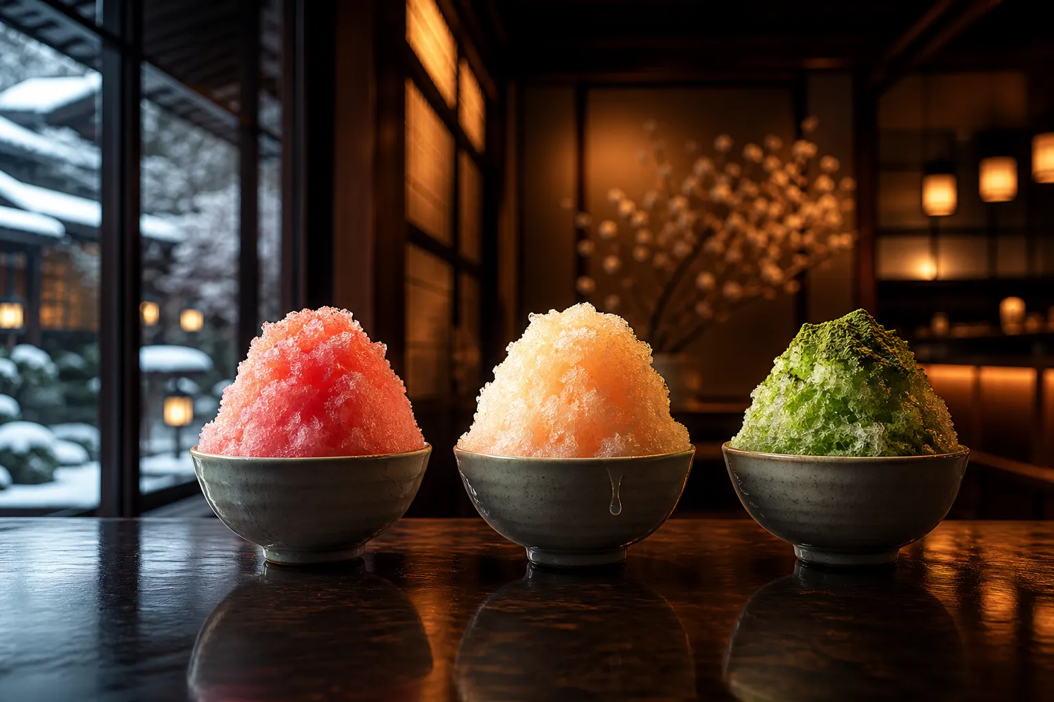 Watermelon, peach and matcha kakigori bowls on a polished hotel lounge table
