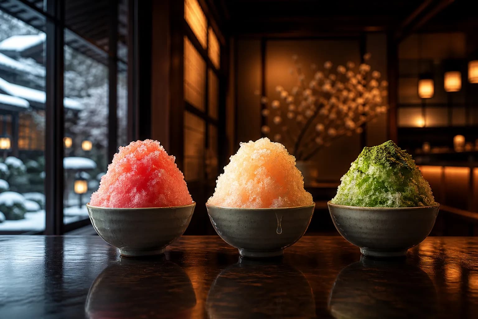 Watermelon, peach and matcha kakigori bowls on a polished hotel lounge table