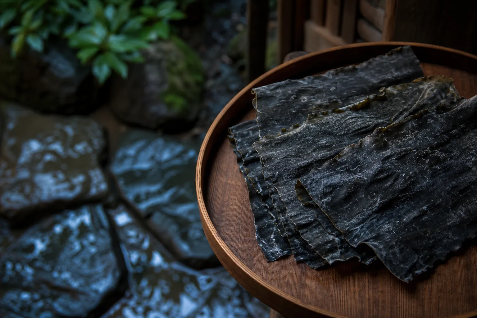 Dried kombu (kelp) sheets stacked on a wooden tray in Kyoto-style kitchen light