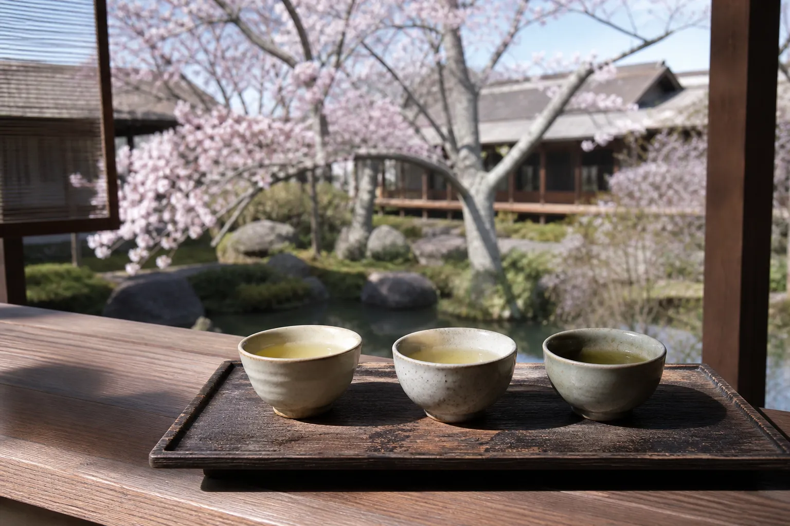 Three small cups for kombu tasting labeled Rishiri, Rausu, and Makombu on a tray
