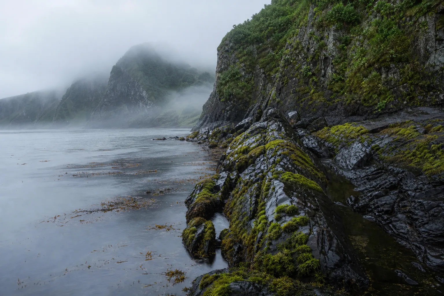 Northern Hokkaido coastline with cold sea, rocky shore, and seaweed along the tide line