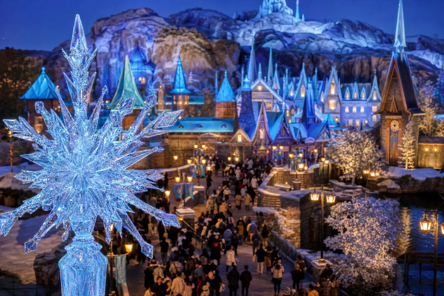 The frozen ice-castle spires and snow-dusted mountain facade of the Frozen Kingdom area within Fantasy Springs at Tokyo DisneySea, illuminated in soft afternoon light