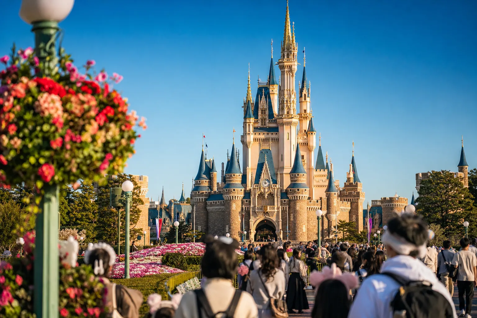 Cinderella Castle at Tokyo Disneyland illuminated in the evening