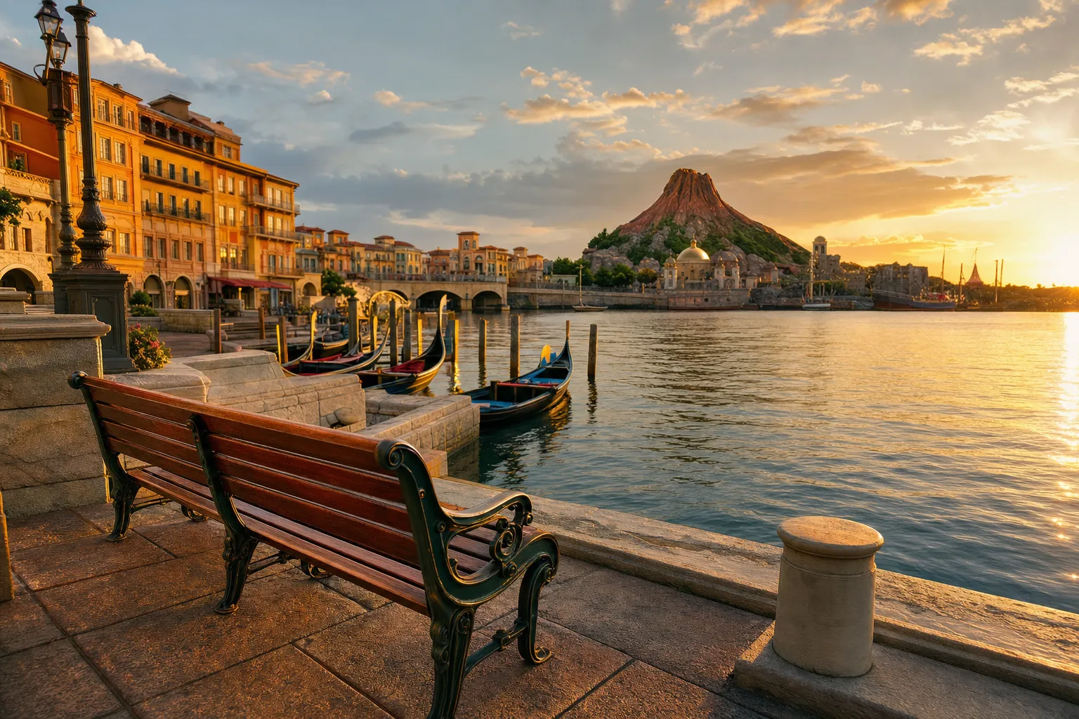 the sunlit Mediterranean Harbor area of Tokyo DisneySea at soft late-afternoon light, with a quiet empty bench beside the waterfront promenade
