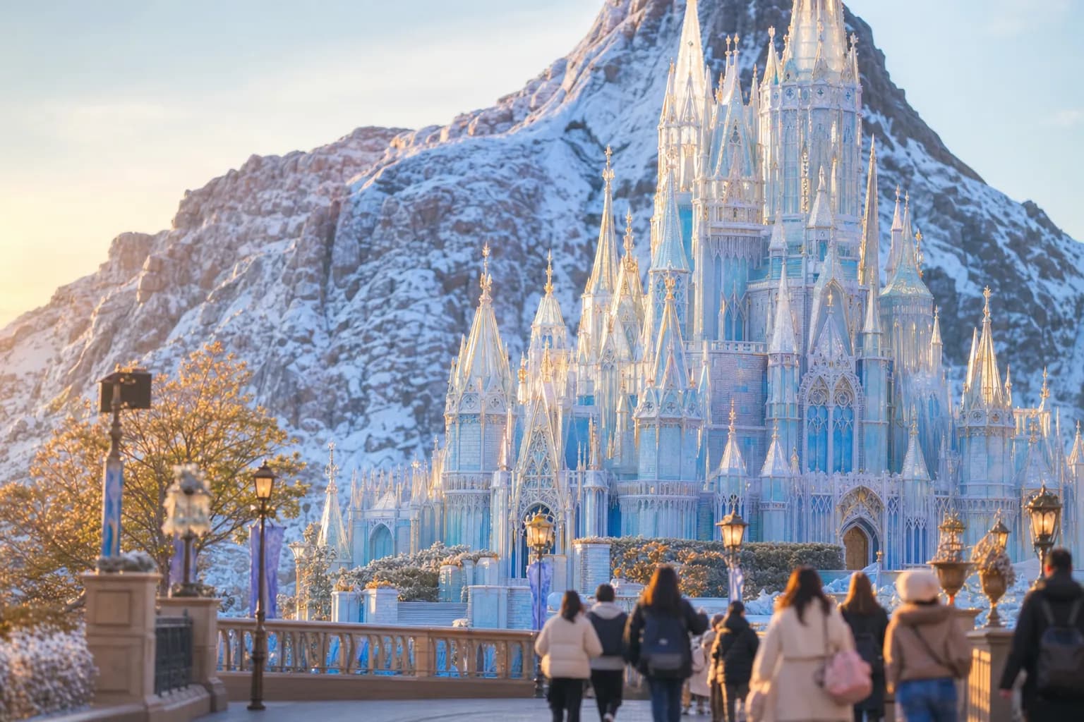 The frozen ice-castle spires and snow-dusted mountain facade of the Frozen Kingdom area within Fantasy Springs at Tokyo DisneySea, illuminated in soft afternoon light