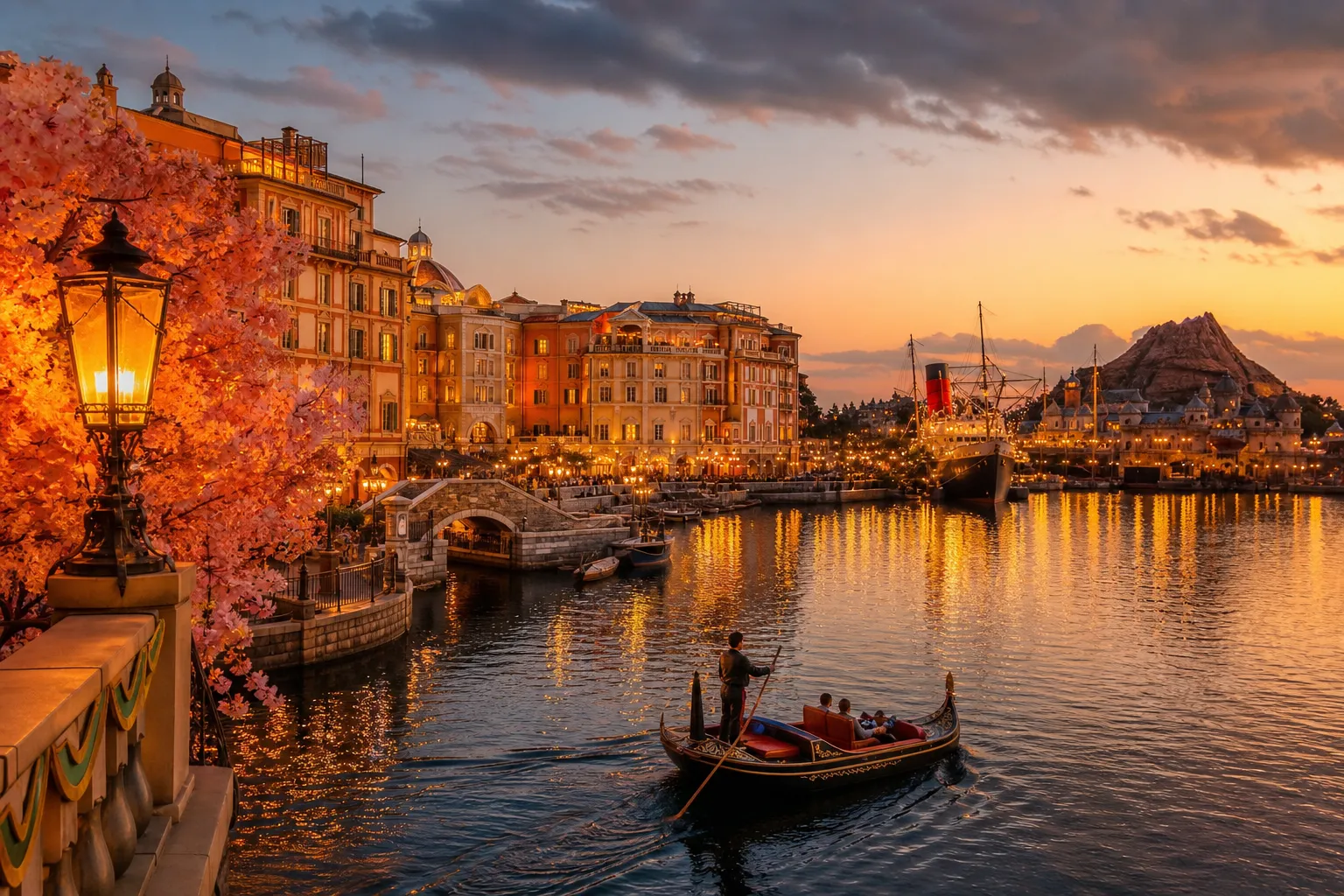 the golden evening light falling across the water and Venetian-style architecture of the Mediterranean Harbor at Tokyo DisneySea