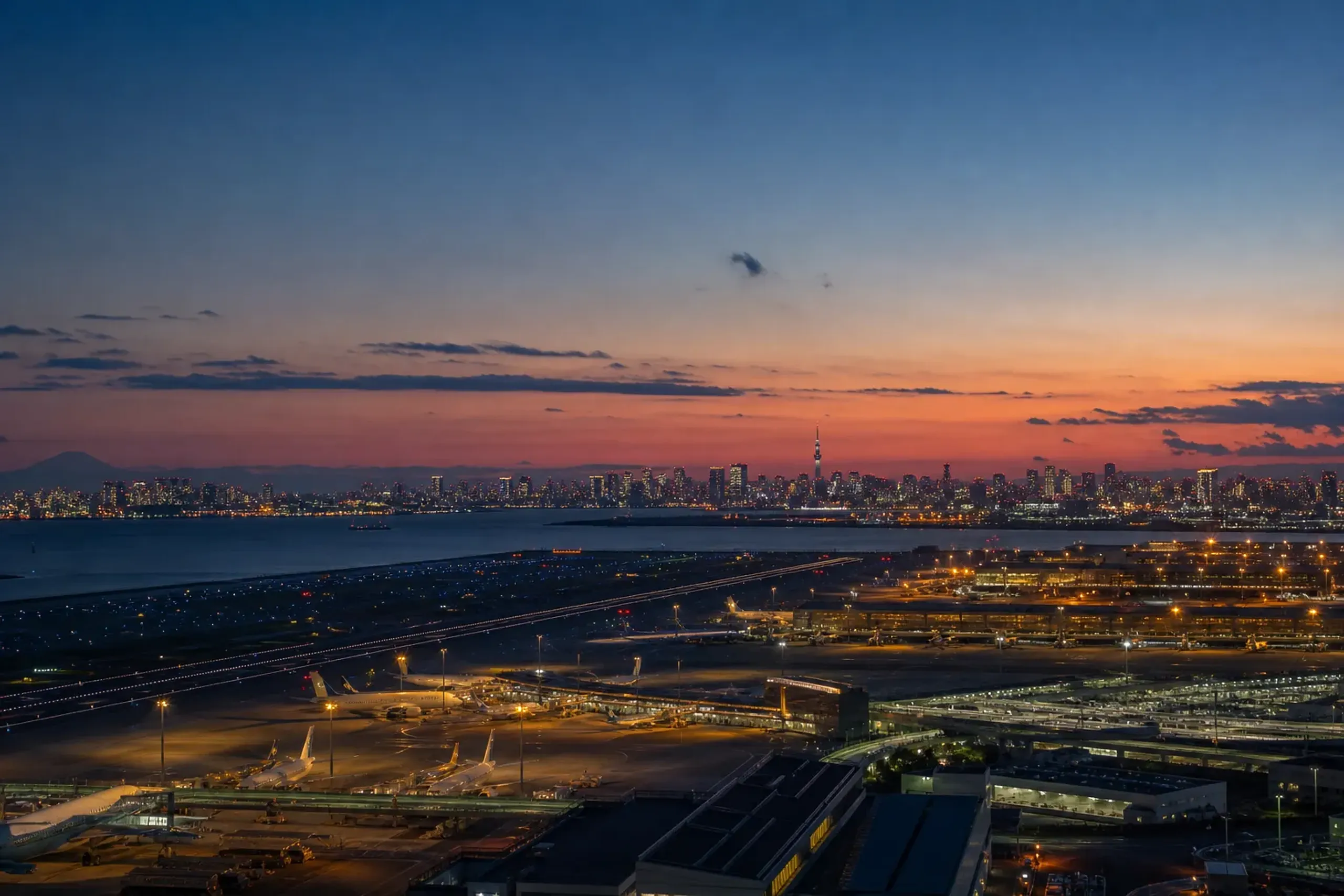 Aerial view of Haneda Airport at dusk with the Tokyo skyline in the distance