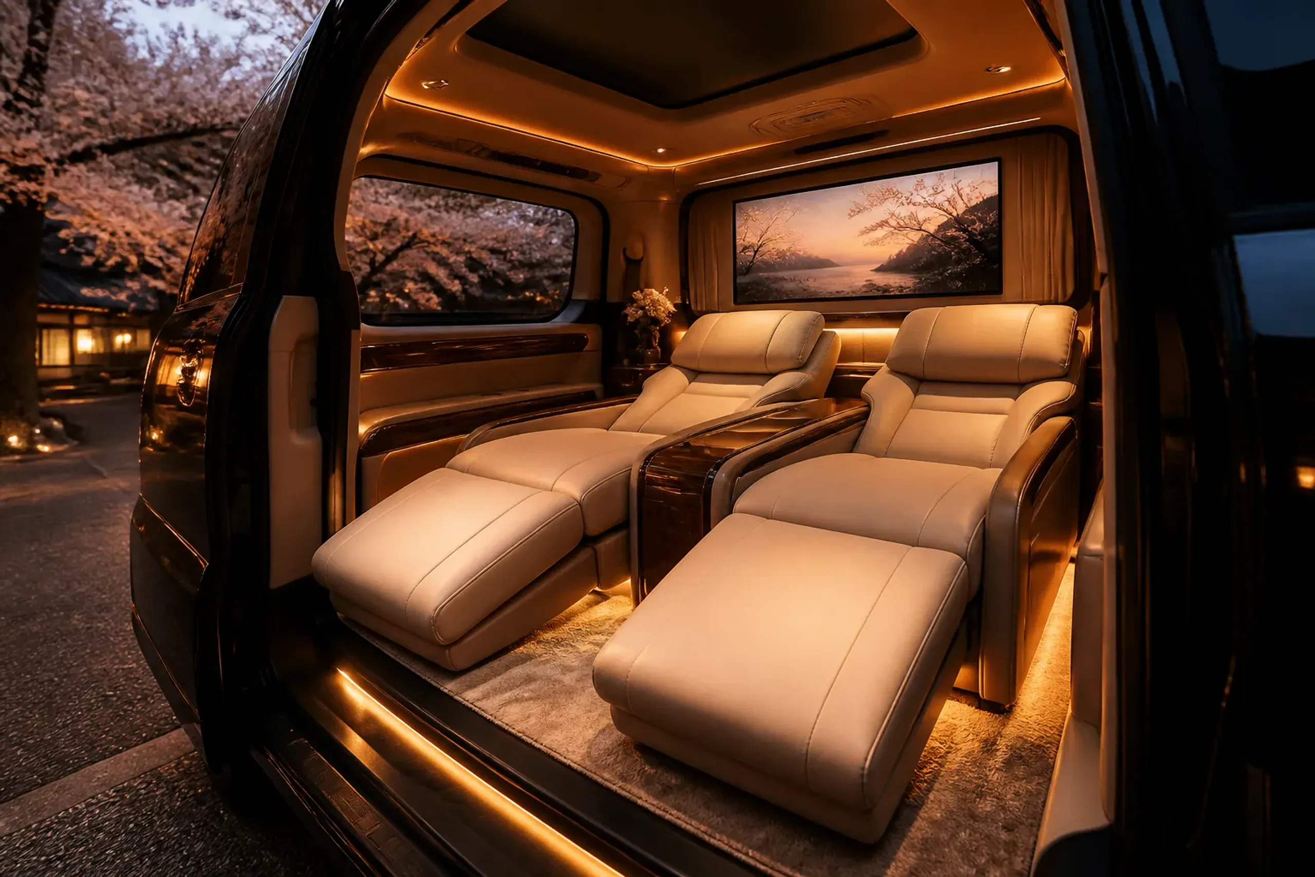 Interior of a Lexus LM 500 minivan with reclining lounge seats and wood trim