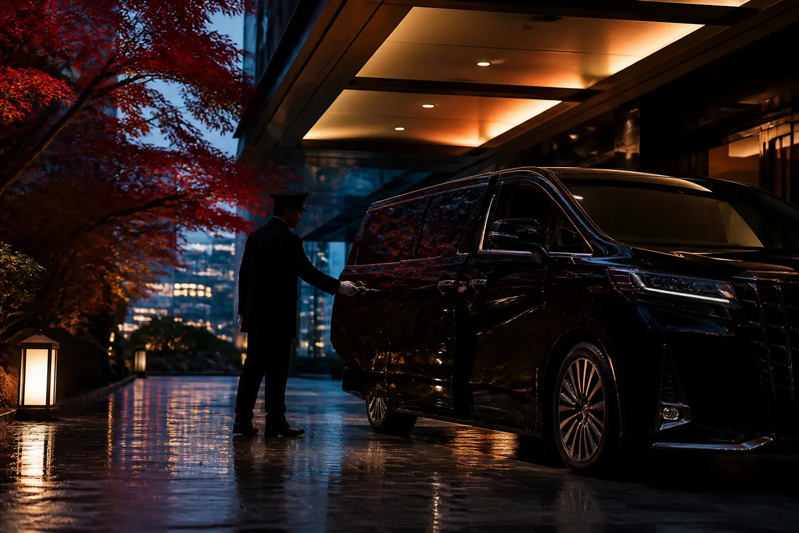 Black luxury minivan arriving at an upscale Tokyo hotel driveway in Marunouchi at evening