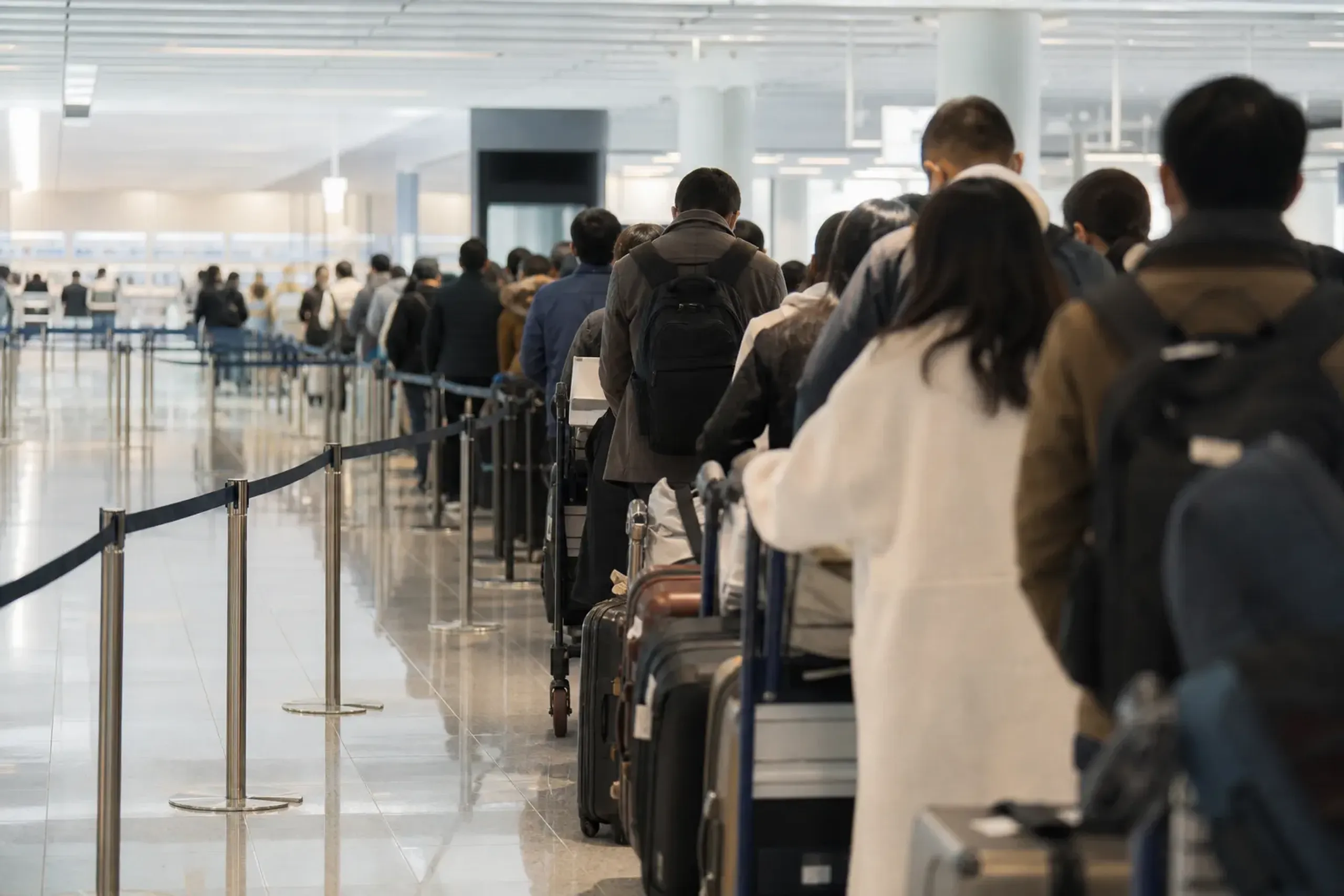 The busy immigration and arrivals hall at Haneda Airport Terminal 3, with a long queue of travellers pushing luggage carts under bright modern ceiling lighting
