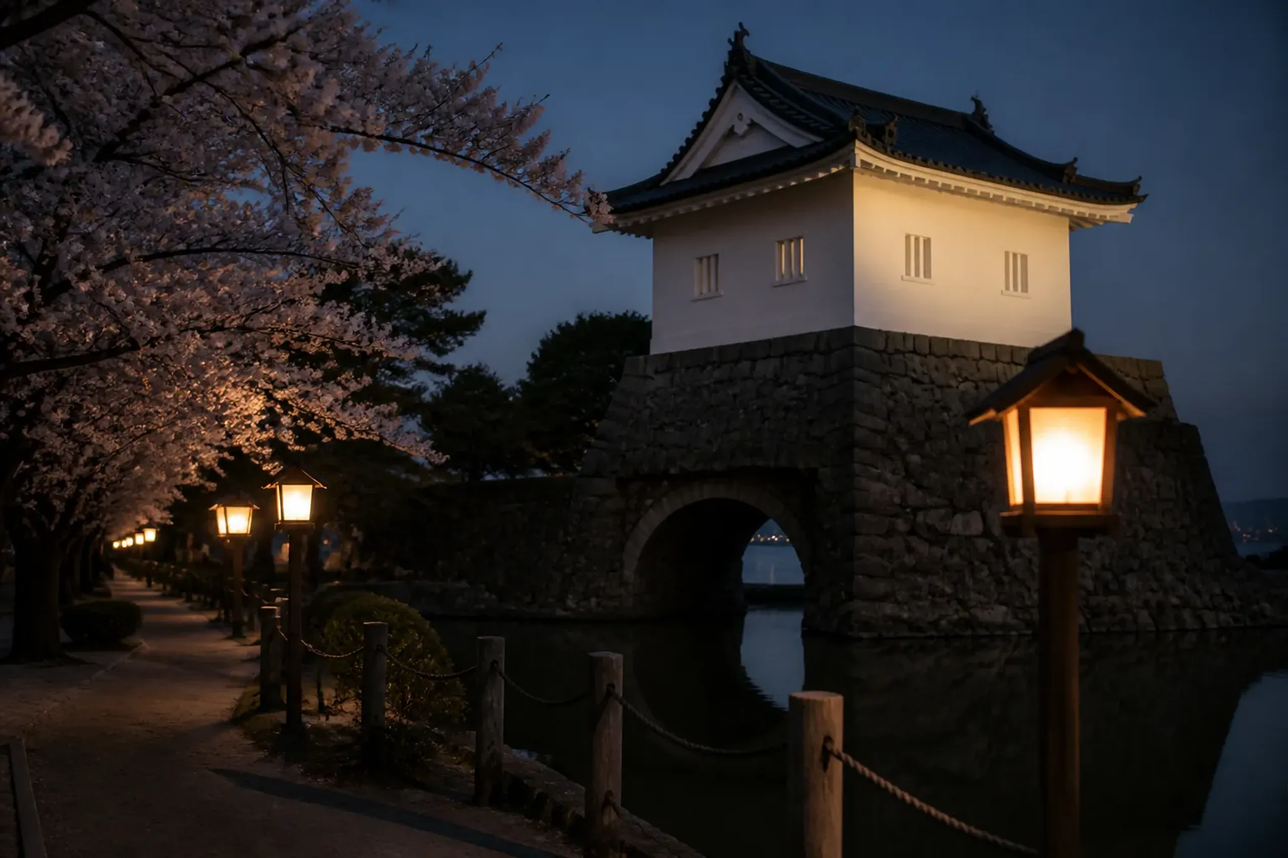 The Tsukimi-yagura moon-viewing turret at Takamatsu Castle, standing directly above the stone water gate where the lord's boat once entered from the sea