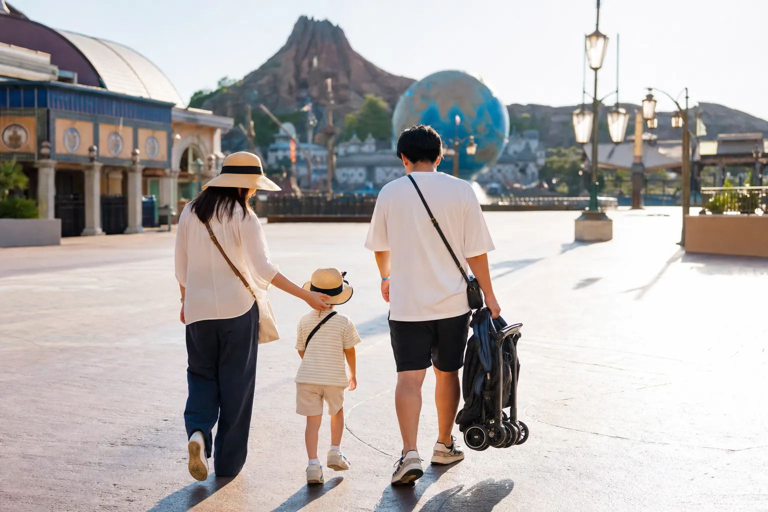 Family arriving at Tokyo DisneySea on a bright summer morning