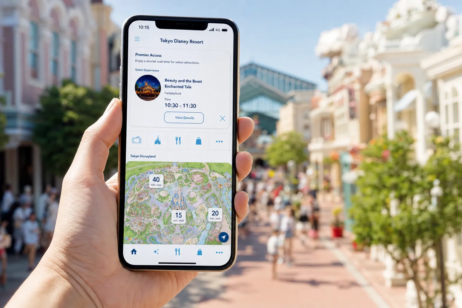 Guest using the Tokyo Disney Resort app to plan ride and dining windows